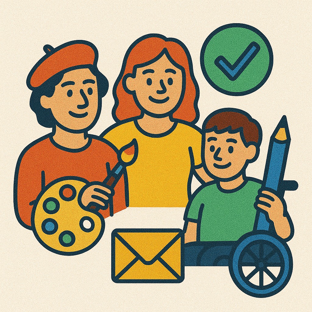 Bildschirm mit dem Text &bdquo;WCAG 2.1&ldquo;, Schriftsymbolen und einem Bild-Icon. Daneben ein Rollstuhlsymbol. Um den Bildschirm fliegen Konfetti und Sternchen. Feierliche Darstellung von Web-Zug�nglichkeit nach internationalen Standards.
