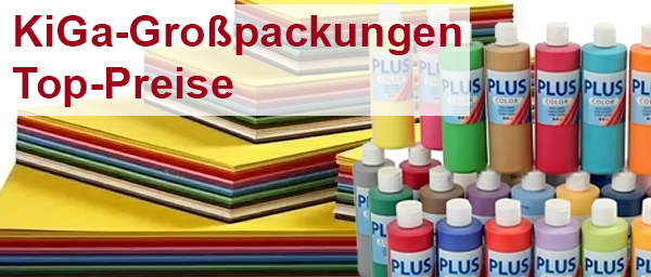 Gestapelte Bastelpapierb�gen in vielen Farben und eine gro�e Auswahl an bunten Flaschen Bastelfarbe der Marke PLUS. Links oben steht in roter Schrift auf wei�em Hintergrund: 'KiGa-Gro�packungen Top-Preise'. Das Bild wirbt f�r g�nstige Kreativmaterialien f�r Kinderg�rten.