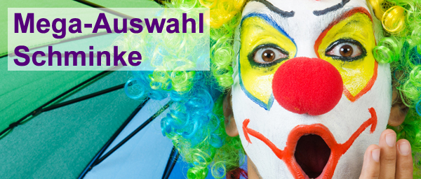 Nahaufnahme eines bunt geschminkten Clowns mit gr�ner, gelber und blauer Lockenper�cke. Der Clown schaut �berrascht in die Kamera. Links oben steht in lila Schrift auf halbtransparentem Hintergrund: 'Mega-Auswahl Schminke'. Im Hintergrund ist ein farbiges Regenschirm-Muster zu sehen.