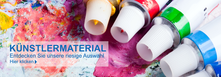 Bunte Acrylfarben-Tuben auf einer farbverschmierten Malunterlage. Text im Bild: K�nstlermaterial - Entdecken Sie unsere riesige Auswahl.