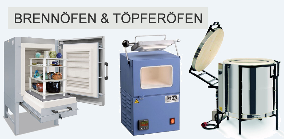 Drei unterschiedliche Brenn�fen f�r Keramik und T�pferware nebeneinander dargestellt - ein Schrankofen mit Keramikst�cken, ein blauer Kompaktofen und ein runder T�pferofen mit hochgeklapptem Deckel. Dar�ber steht der Text: 'Brenn�fen & T�pfer�fen'.