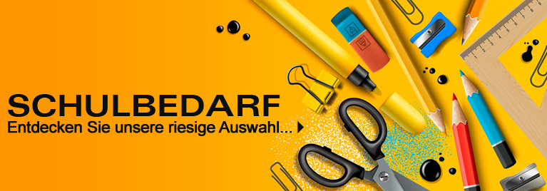 Grafisch gestaltetes Banner mit Schulmaterialien wie Schere, Lineal, Bleistiften, Anspitzer, Textmarker, B�roklammern und Radiergummi auf gelbem Hintergrund. Text im Bild: SCHULBEDARF - Entdecken Sie unsere riesige Auswahl...