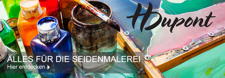 Farbenfrohe Szene aus der Seidenmalerei: mehrere bunte Farbbottiche, ein mit Farbe verschmierter Pinsel im Glas und ein bemalter Seidenrahmen. Im Bild stehen die Schriftz�ge 'HDupont' sowie 'ALLES F�R DIE SEIDENMALEREI - Hier entdecken'.
