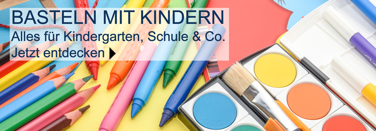Buntes Bastelmaterial wie Wachsmalstifte, Buntstifte, Filzstifte, Wasserfarben und Pinsel - ideal f�r Kindergarten und Schule. Text im Bild: Basteln mit Kindern - Jetzt entdecken.