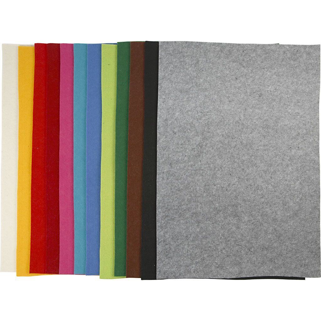 Bastelfilz, Gr��e 42x60 cm, Dicke 3 mm, Farbmix, 12 St�ck sortierte Farben