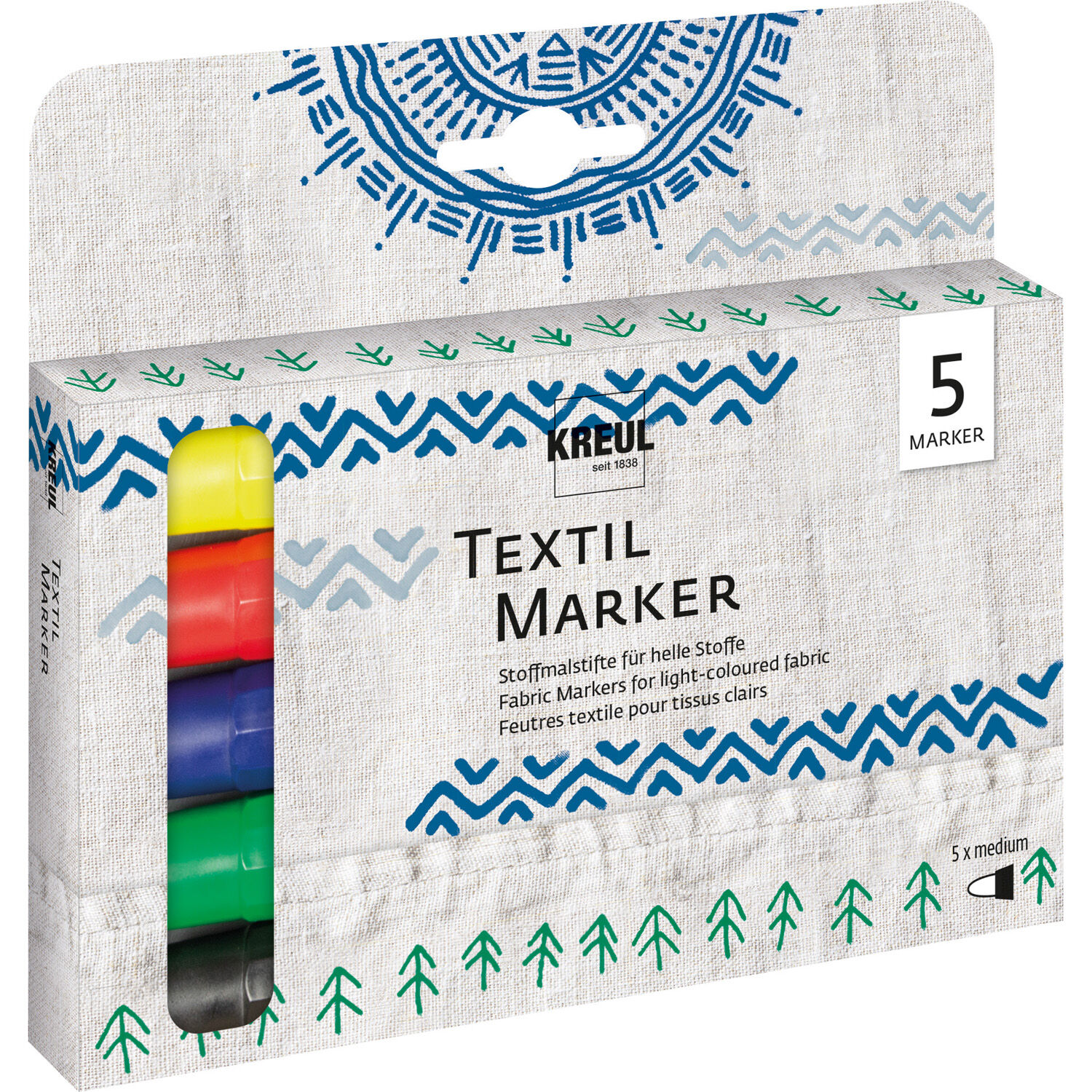 Kreul Textil Marker / Stoffmalstift, Medium, 2-4 mm, 5er-Set mit Gelb, Rot, Blau, Gr�n, Schwarz
