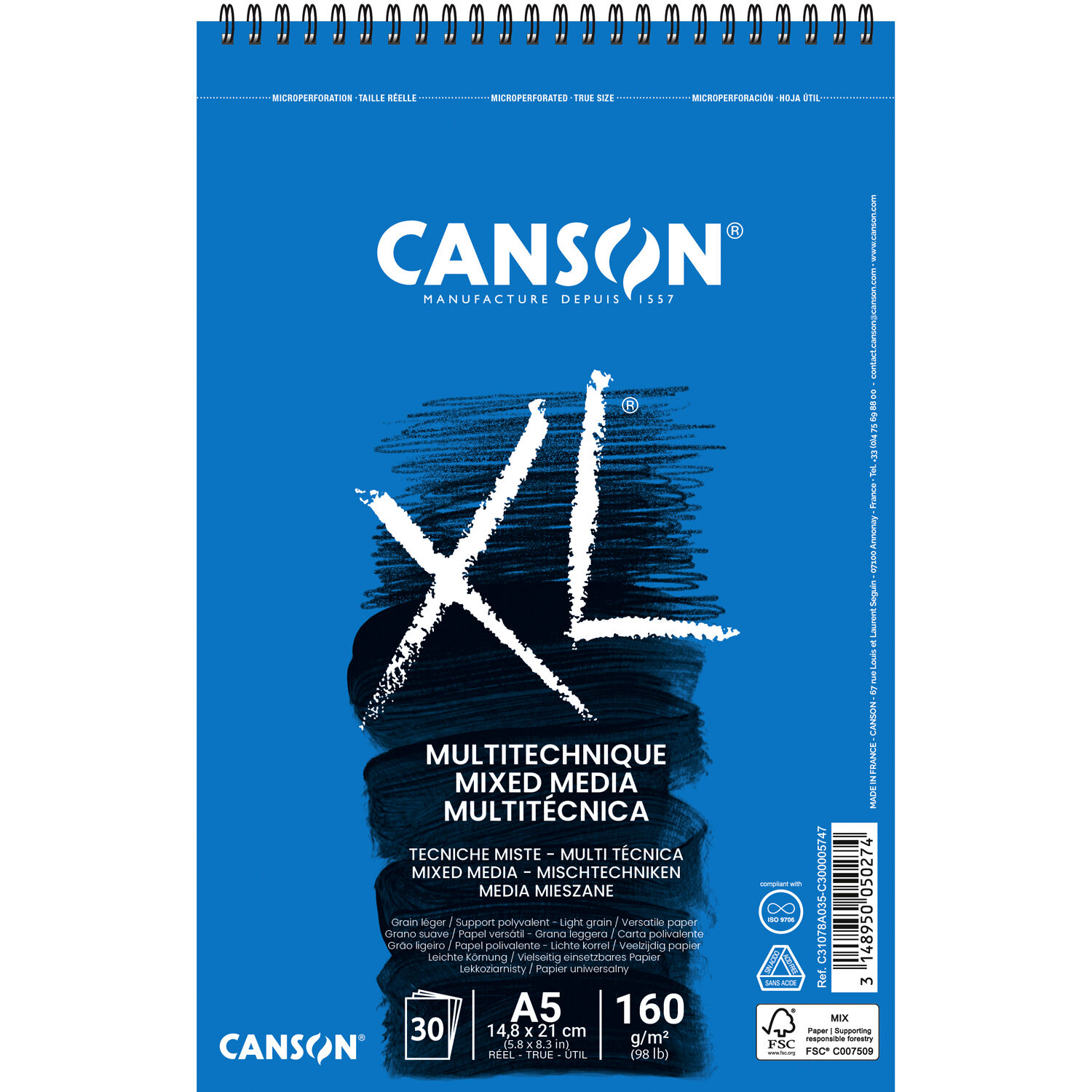 NEU Canson XL Mixed Media Spiralblock, DIN A5, 30 Blatt, 160 g/m�, Wei�
