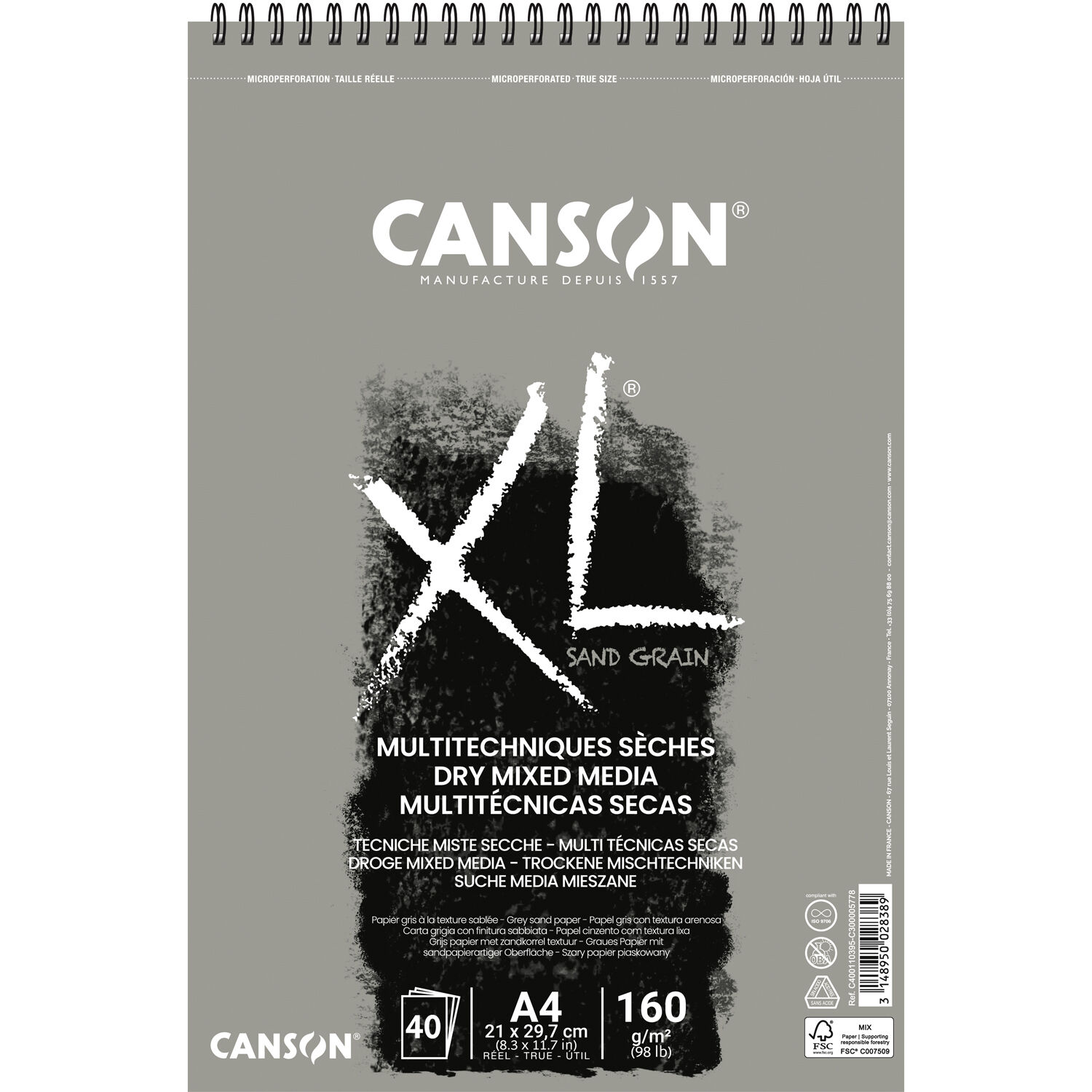 NEU Canson XL Touch Grey Spiralblock, DIN A4, 40 Blatt, 160 g/m�