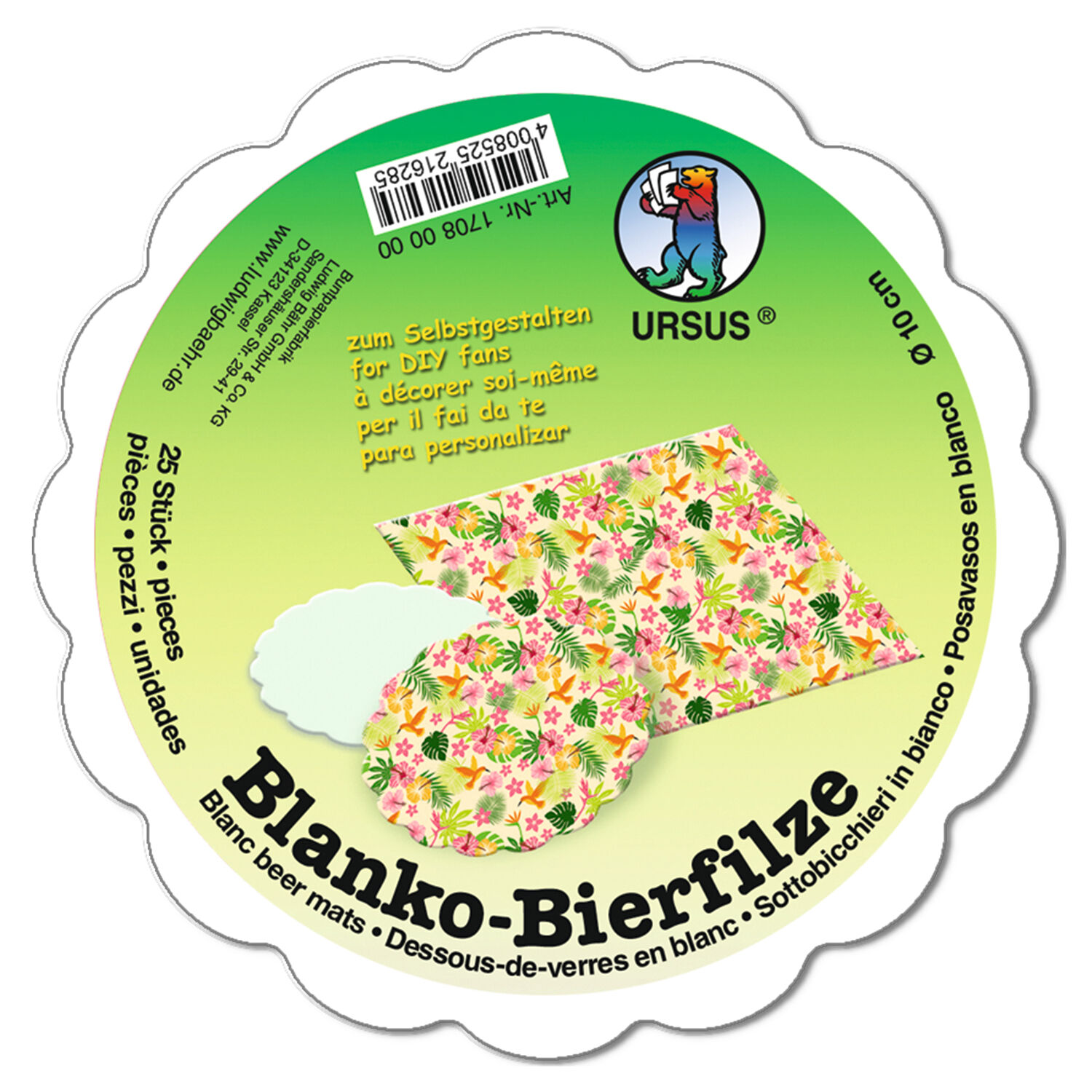 Blanko-Bierfilz / Bierdeckel mit Wellenrand, wei�, � 10 cm, 25 St�ck