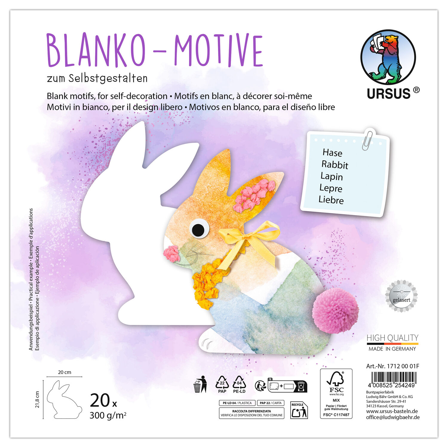 Blanko-Motiv Hase aus Fotokarton, 300g/qm, 20 St�ck, 20 x 21,8 cm