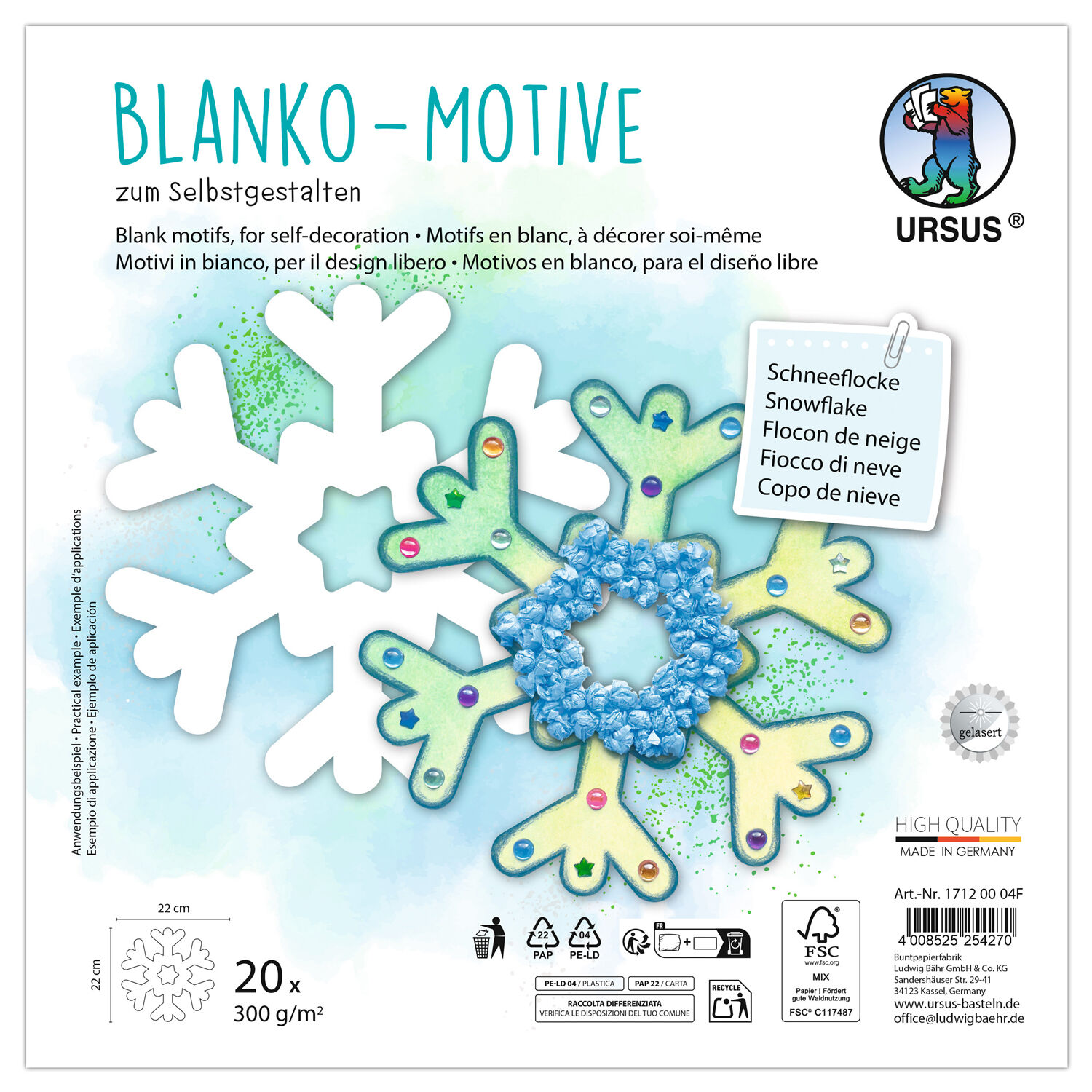 Blanko-Motiv Schneeflocke aus Fotokarton, 300g/qm, 20 St�ck, 22 x 22 cm