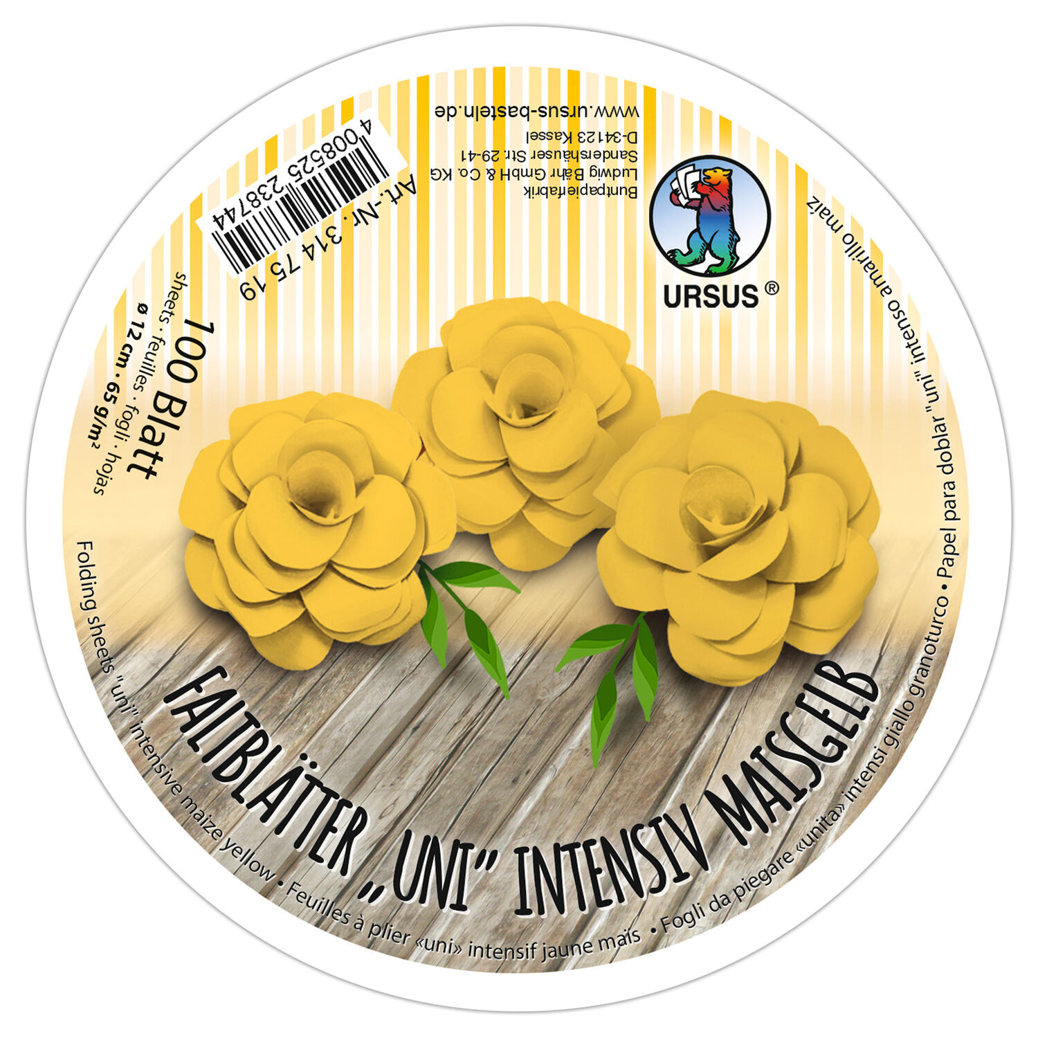 Faltbl�tter Rund, intensiv durchgef�rbt, 100 Blatt, � 12 cm, 65g/qm, Maisgelb