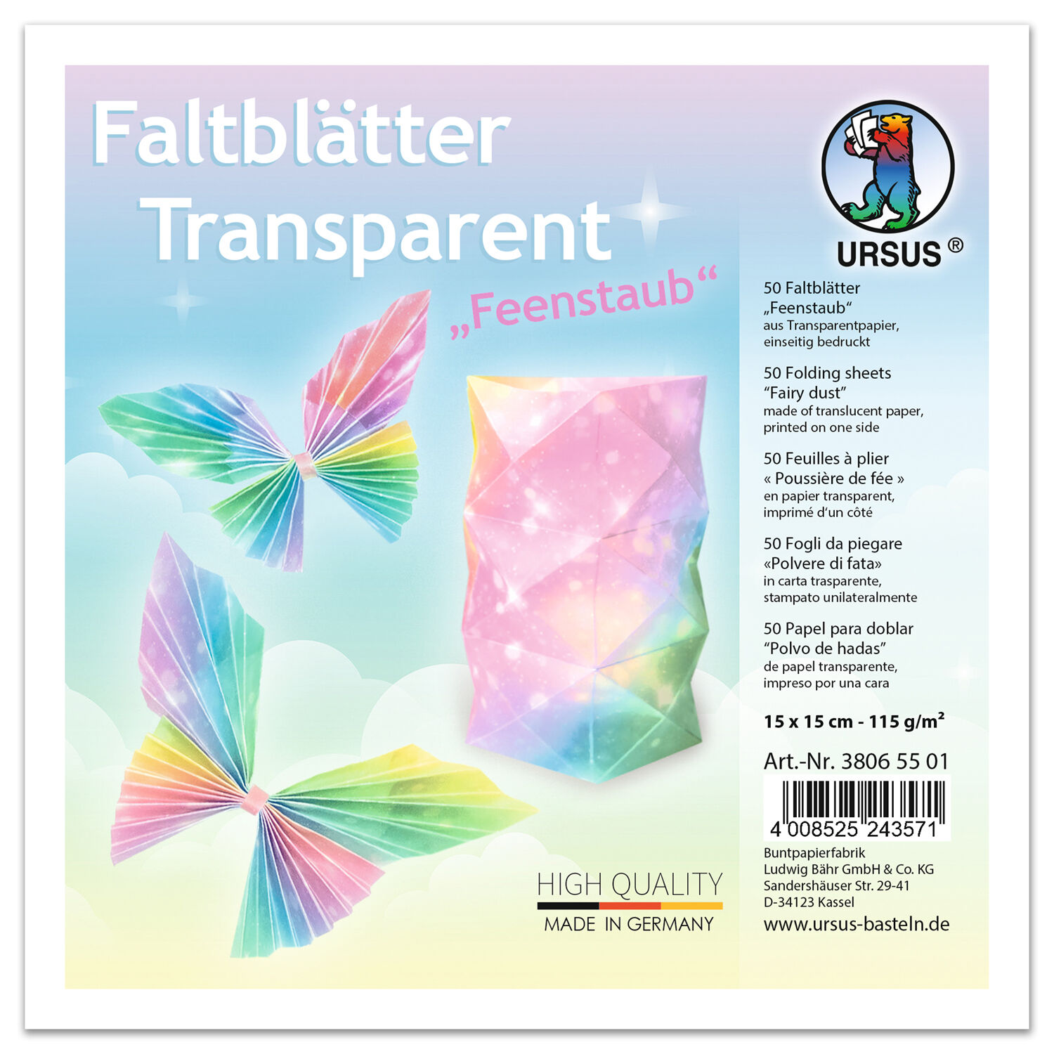 Faltbl�tter Transparentpapier, 15 x 15 cm, 115g/qm, 50 Blatt, Feenstaub