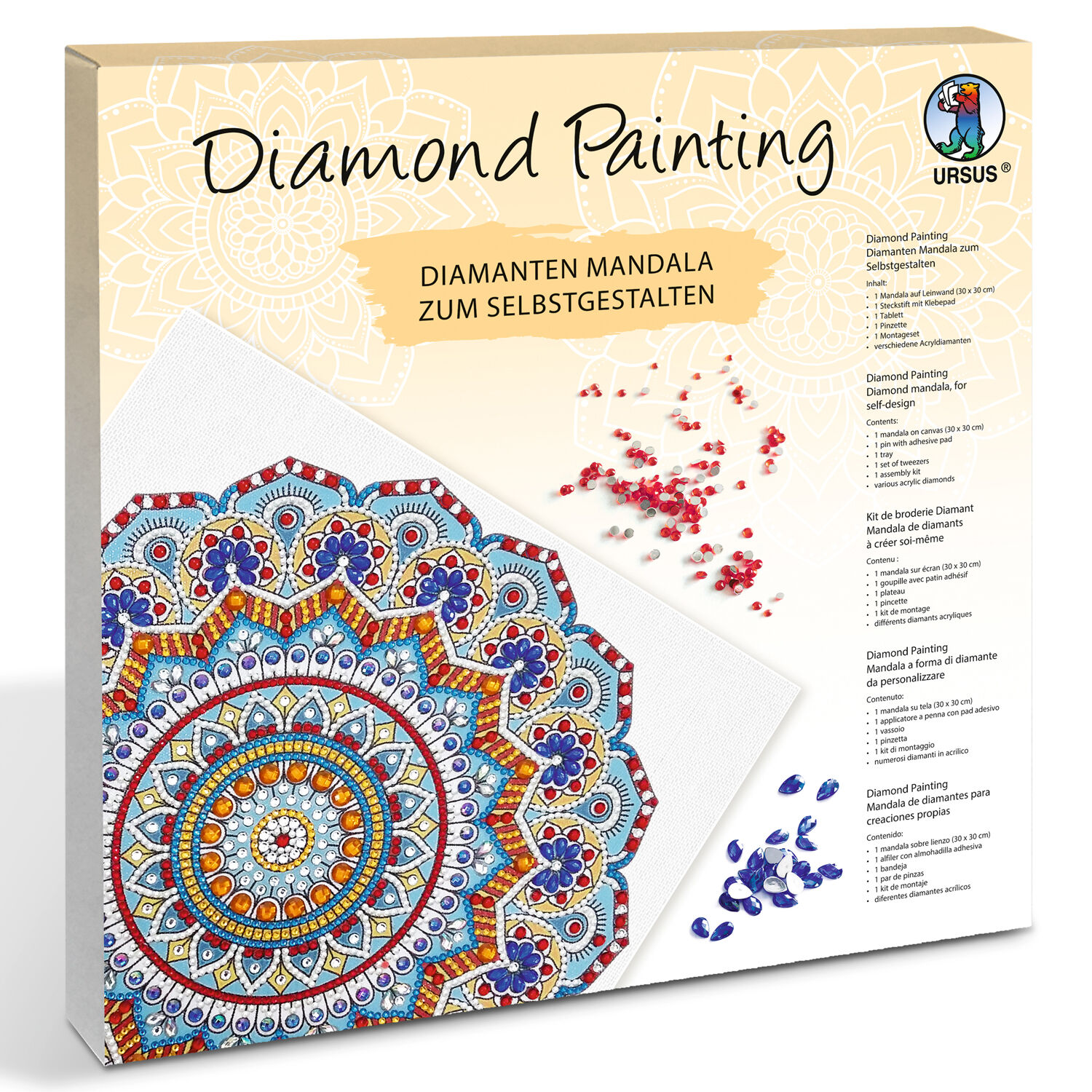 Diamond Painting Set Mandala, 30 x 30 cm Keilrahmen mit Zubeh�r, Hellblau-Rot-Gelb