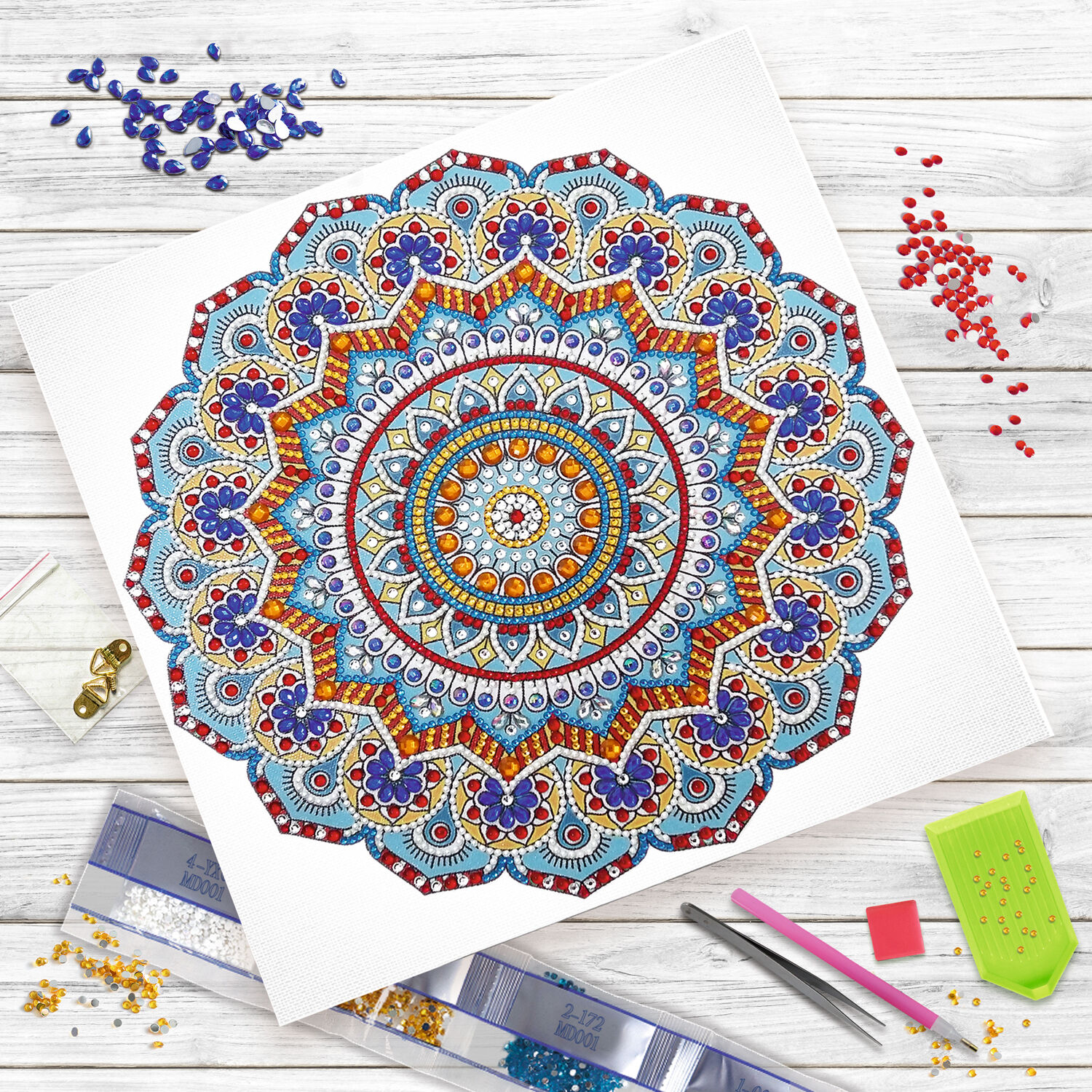 Diamond Painting Set Mandala, 30 x 30 cm Keilrahmen mit Zubeh�r, Hellblau-Rot-Gelb Bild 3