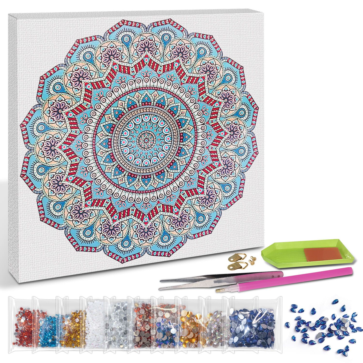 Diamond Painting Set Mandala, 30 x 30 cm Keilrahmen mit Zubeh�r, Hellblau-Rot-Gelb Bild 2