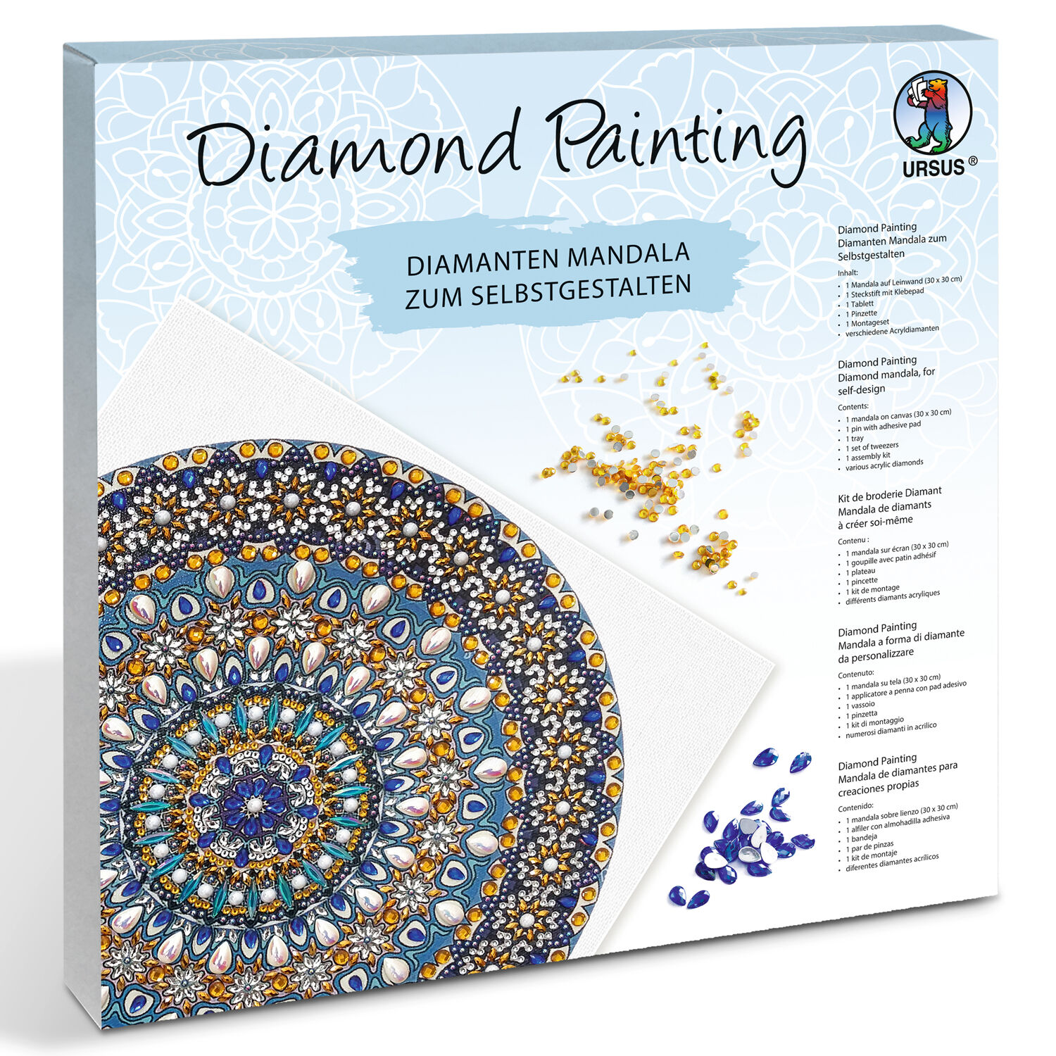 Diamond Painting Set Mandala, 30 x 30 cm Keilrahmen mit Zubeh�r, Blau-Wei�-Gelb