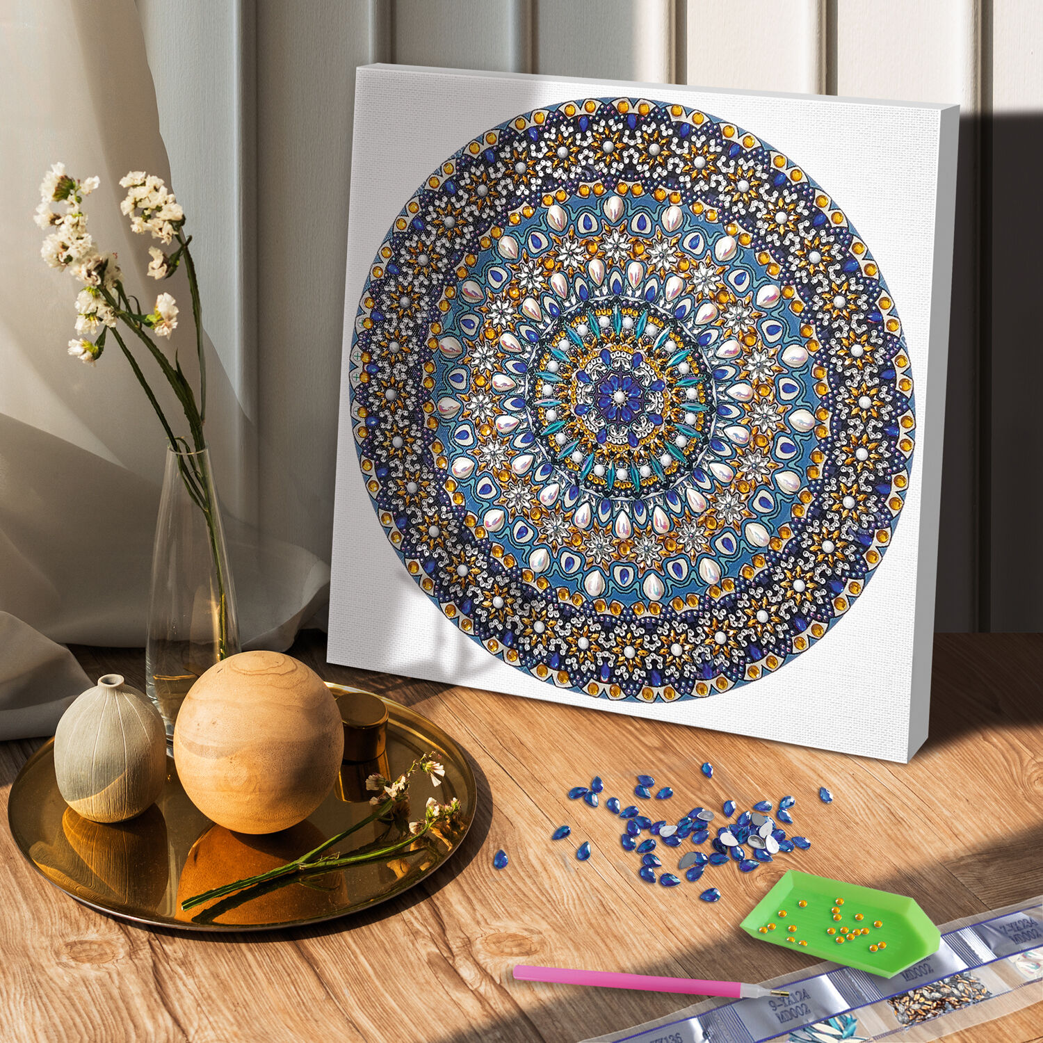 Diamond Painting Set Mandala, 30 x 30 cm Keilrahmen mit Zubeh�r, Blau-Wei�-Gelb Bild 3