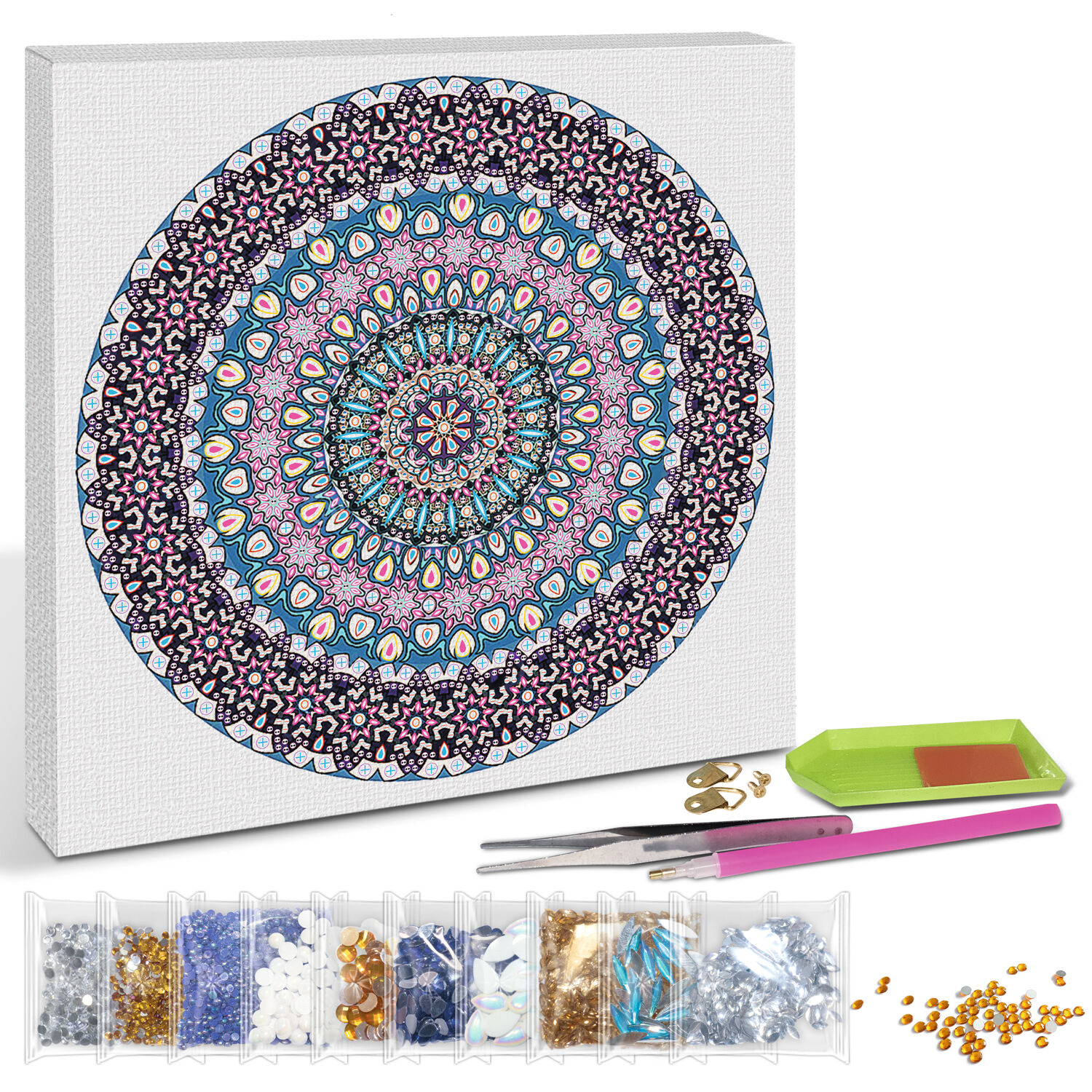 Diamond Painting Set Mandala, 30 x 30 cm Keilrahmen mit Zubeh�r, Blau-Wei�-Gelb Bild 2