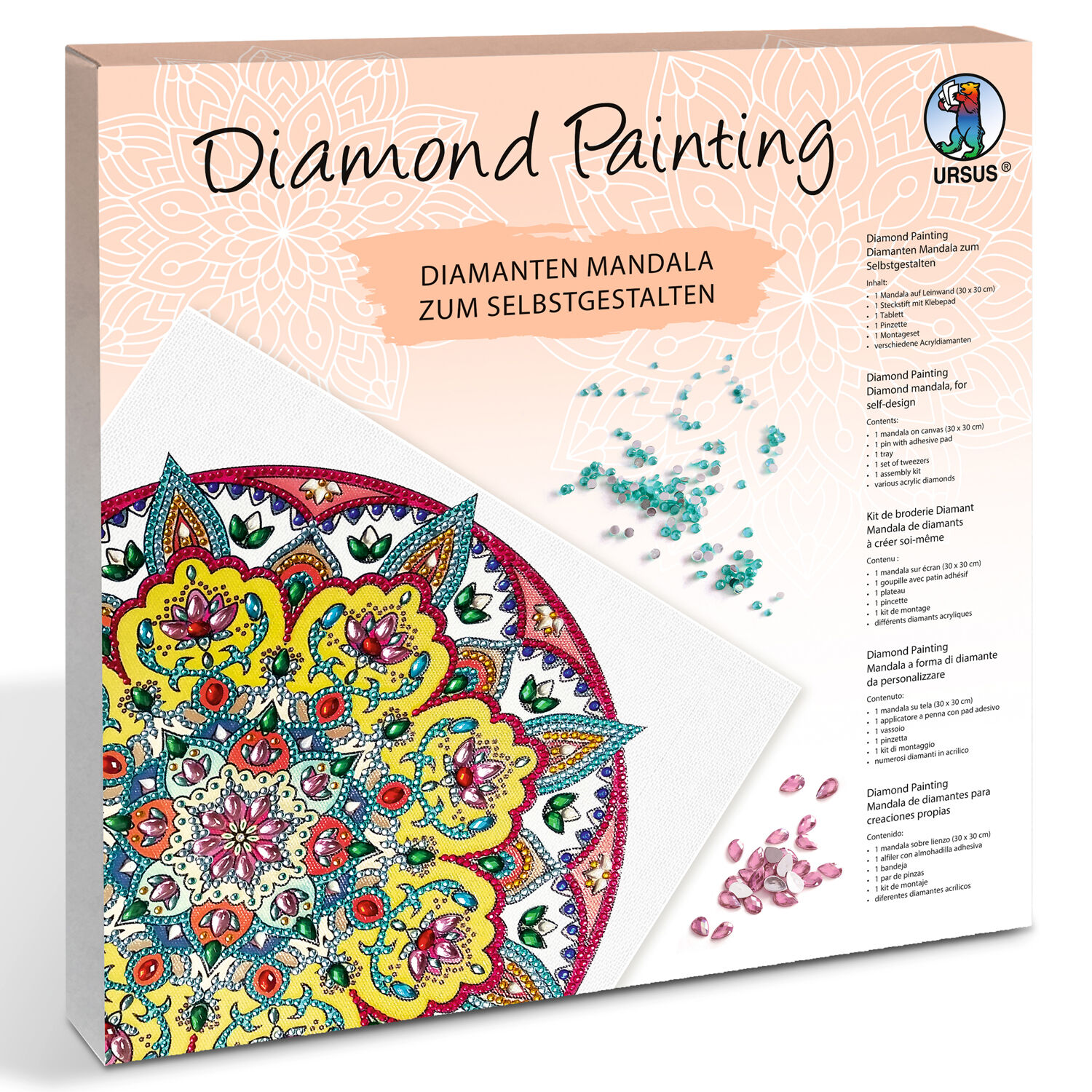 Diamond Painting Set Mandala, 30 x 30 cm Keilrahmen mit Zubeh�r, Gelb-Wei�-Rot