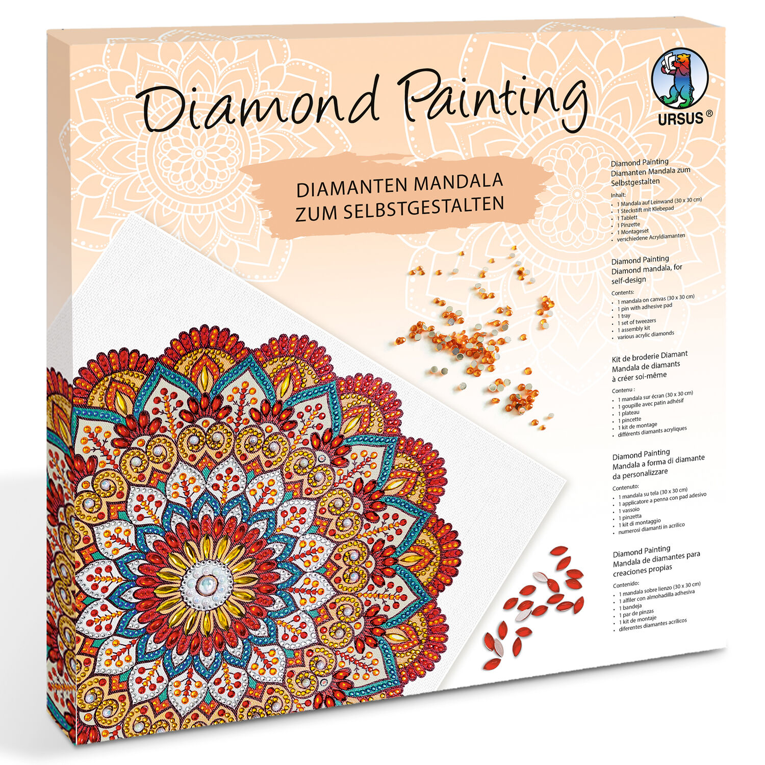 Diamond Painting Set Mandala, 30 x 30 cm Keilrahmen mit Zubeh�r, Rot-Orange-Petrol