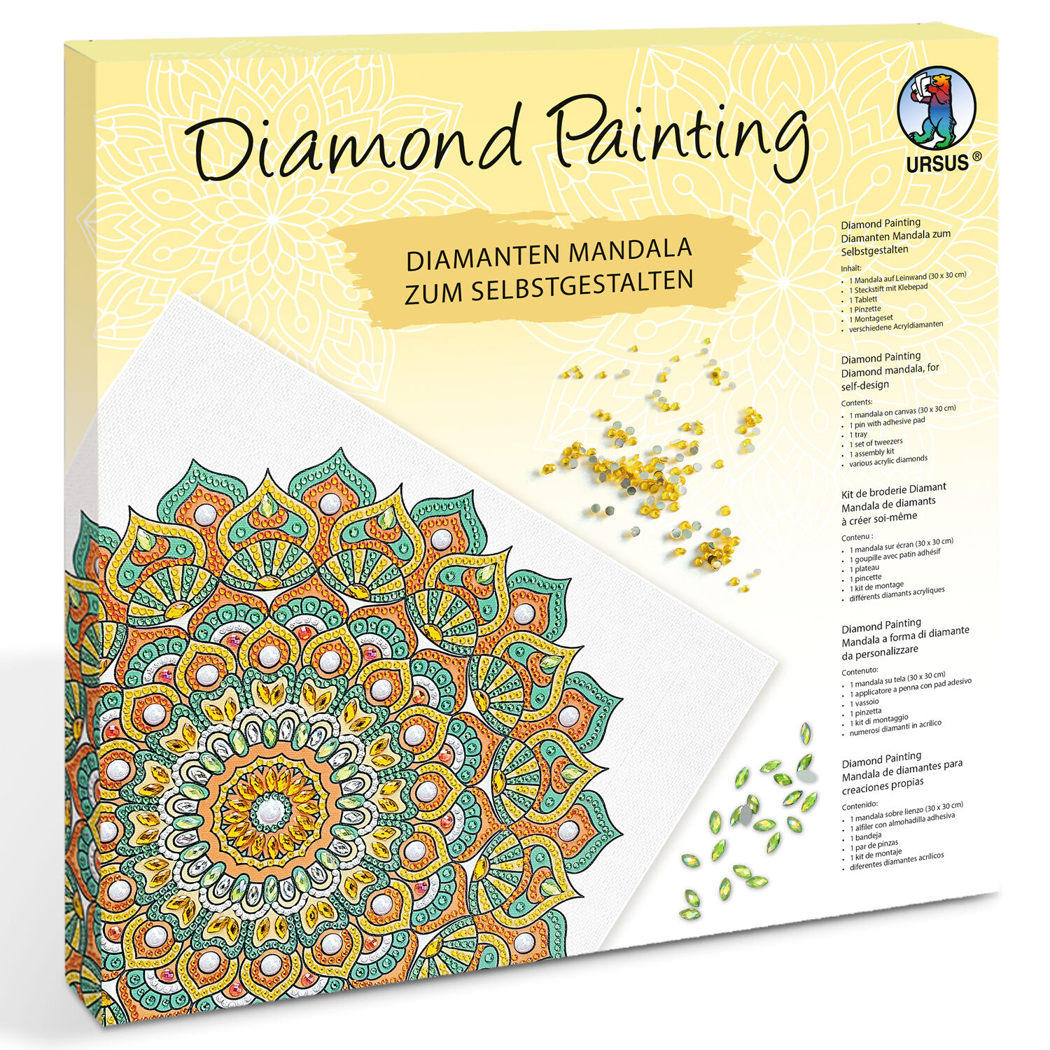 Diamond Painting Set Mandala, 30 x 30 cm Keilrahmen mit Zubeh�r, Mint-Orange-Gelb