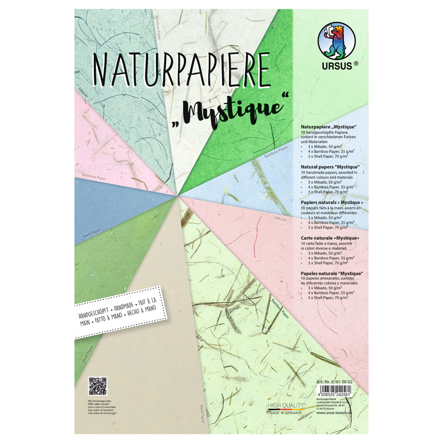Naturpapiere Mystique, handgesch�pft, ca. 22 x 32 cm, 10 Blatt sortiert