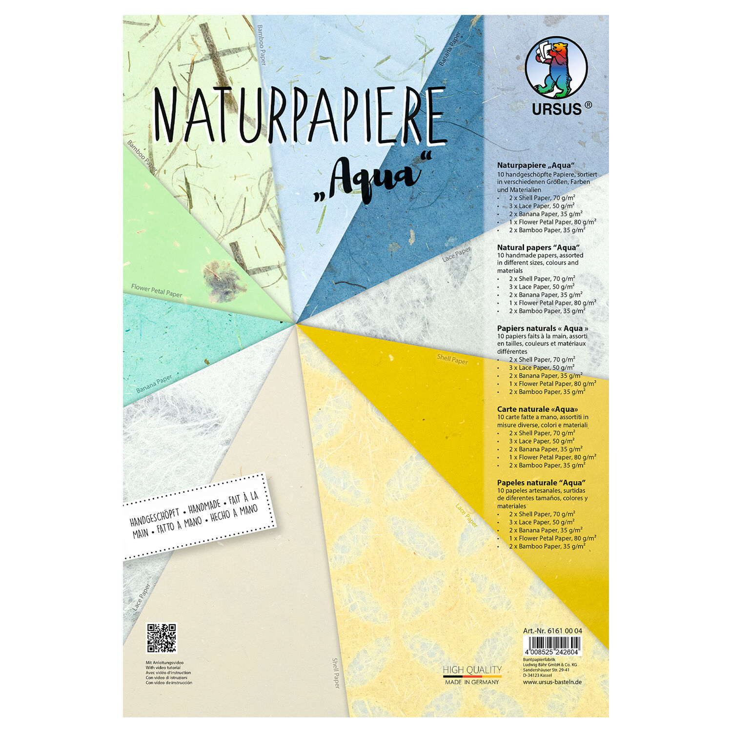Naturpapiere Aqua, handgesch�pft, ca. 22 x 32 cm, 10 Blatt sortiert