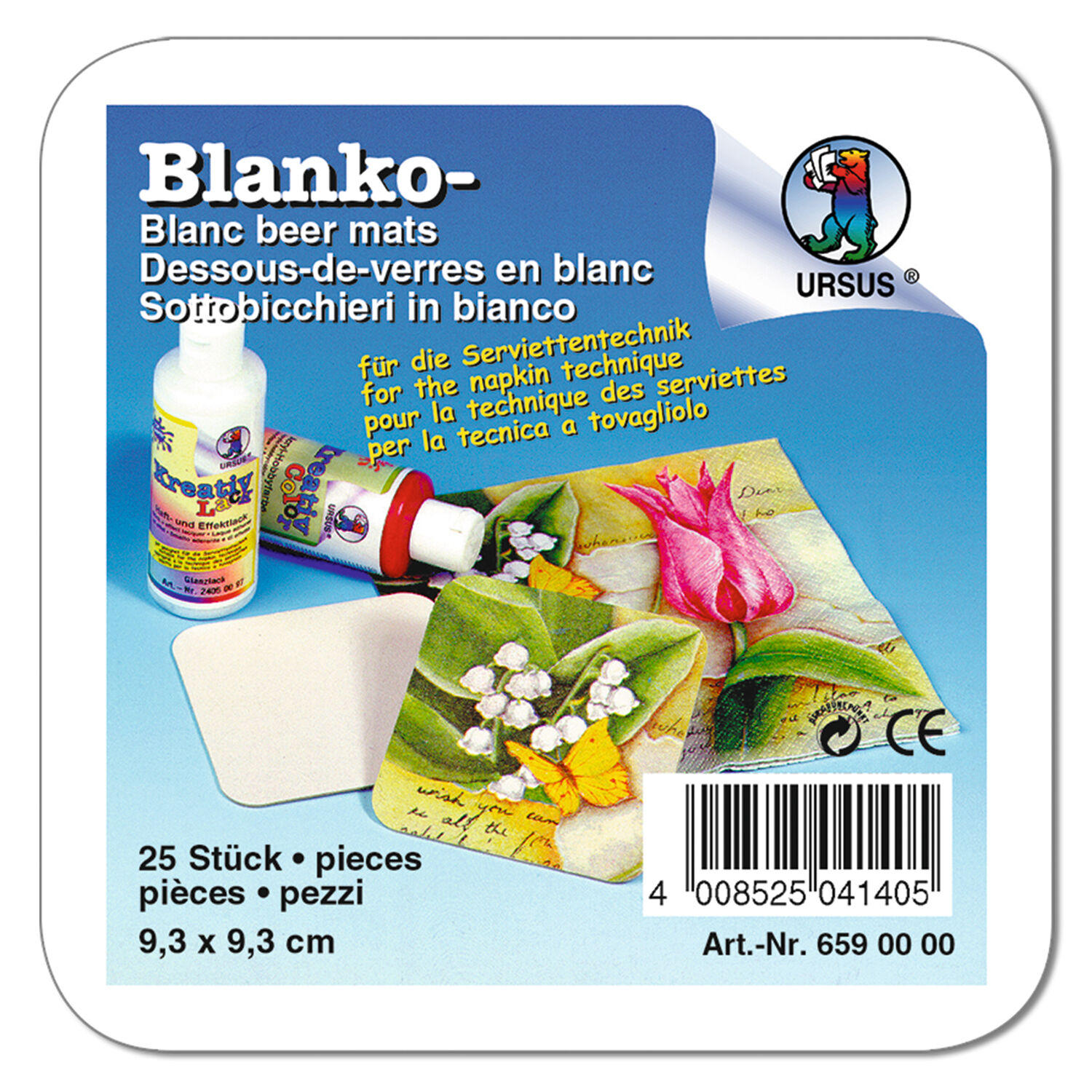 Blanko-Bierfilz / Bierdeckel quadratisch wei�, 9,3 x 9,3 cm, 25 St�ck