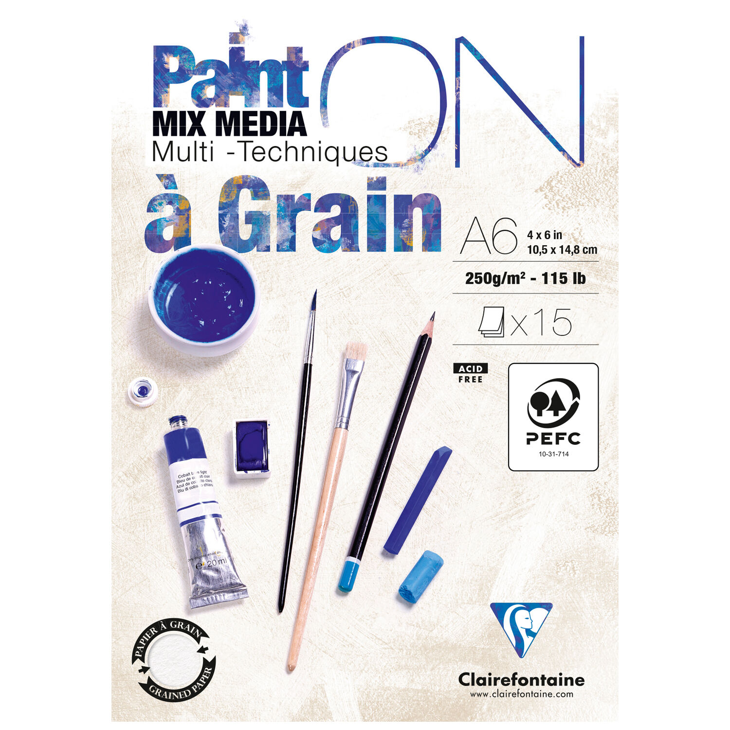 NEU Clairefontaine Multitechnik PaintOn A6, mit zwei K�rnungen, geleimt 250g/qm, 15 Blatt, wei�