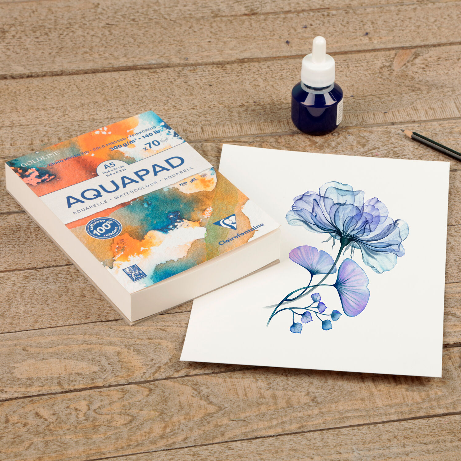 NEU Clairefontaine Malblock Aquarell Goldline A6, mittelfein gek�rnt, geleimt 300g/qm, 50 Blatt Bild 3