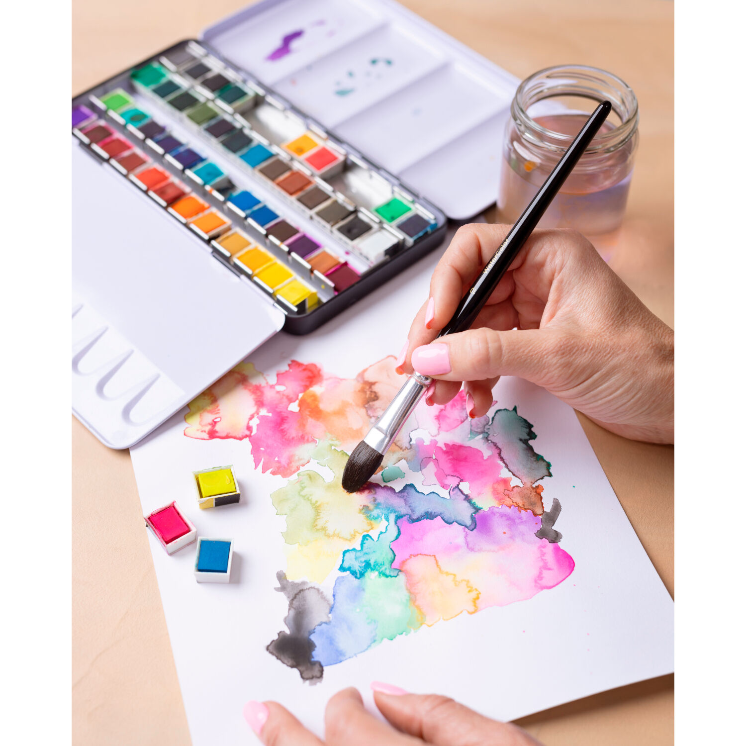 NEU Aquarellkasten Metall, Art Aqua Standard-Farben, gef�llt mit 48x 1/2 N�pfchen Bild 5