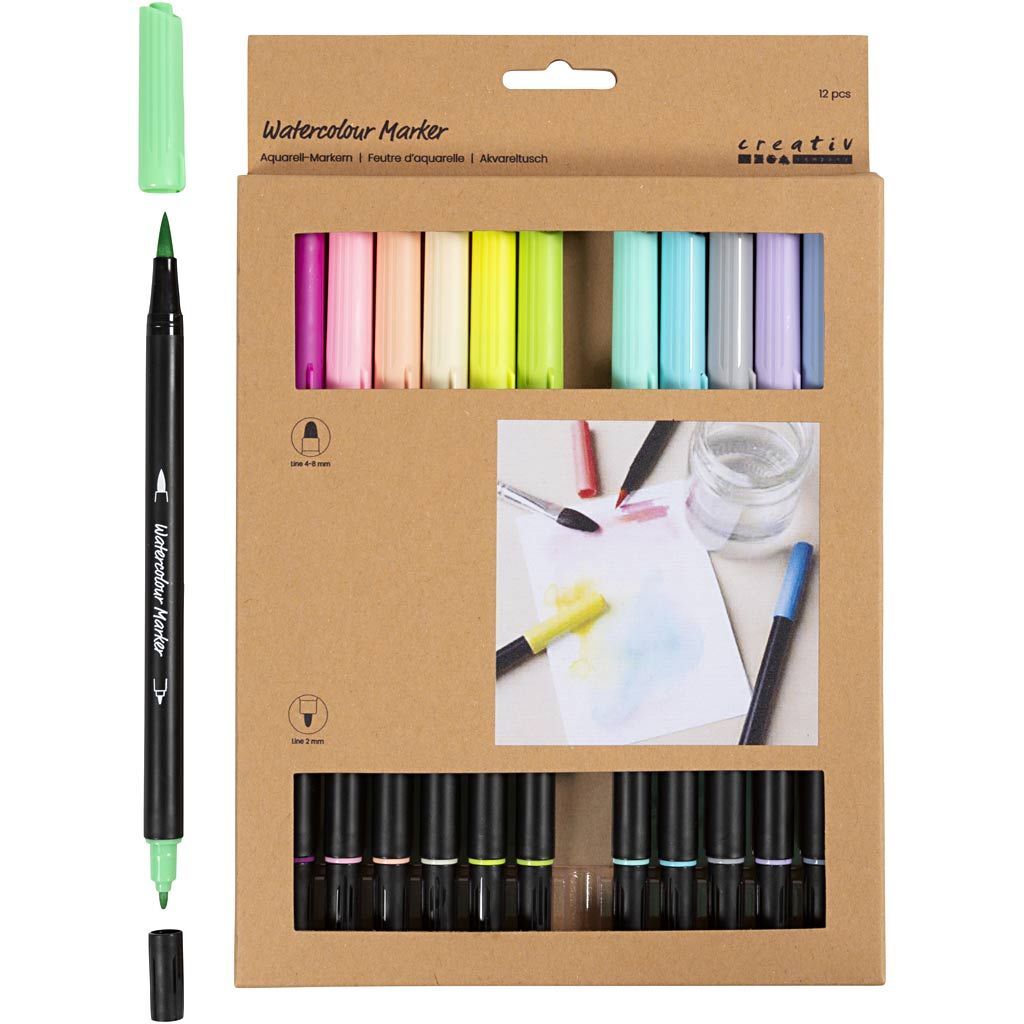 Aquarell-Filzstifte, Pastellfarben, Strichst�rke 2+4-8, Sortierte Farben, 12 St�ck