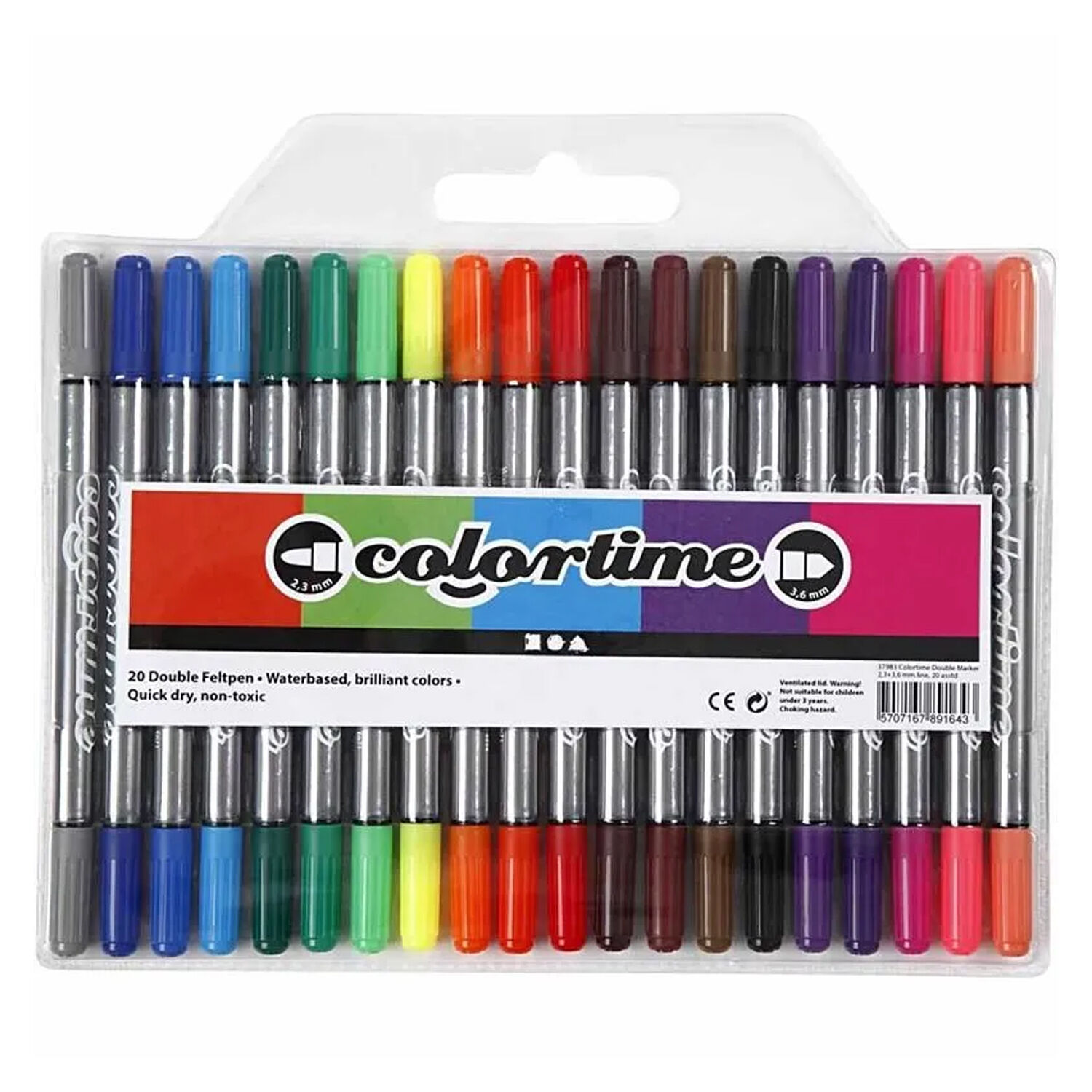 NEU Colortime Dual-Filzstifte, Standard-Farben, Strichst�rke 2,3+3,6 mm, 20 Stk.