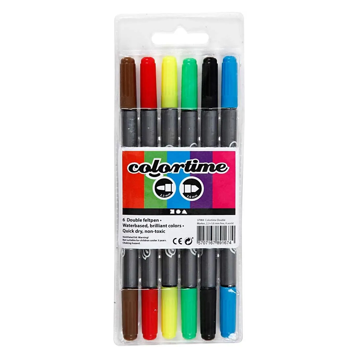 NEU Colortime Dual-Filzstifte, Standard-Farben, Strichst�rke 2,3+3,6 mm, 6 Stk.