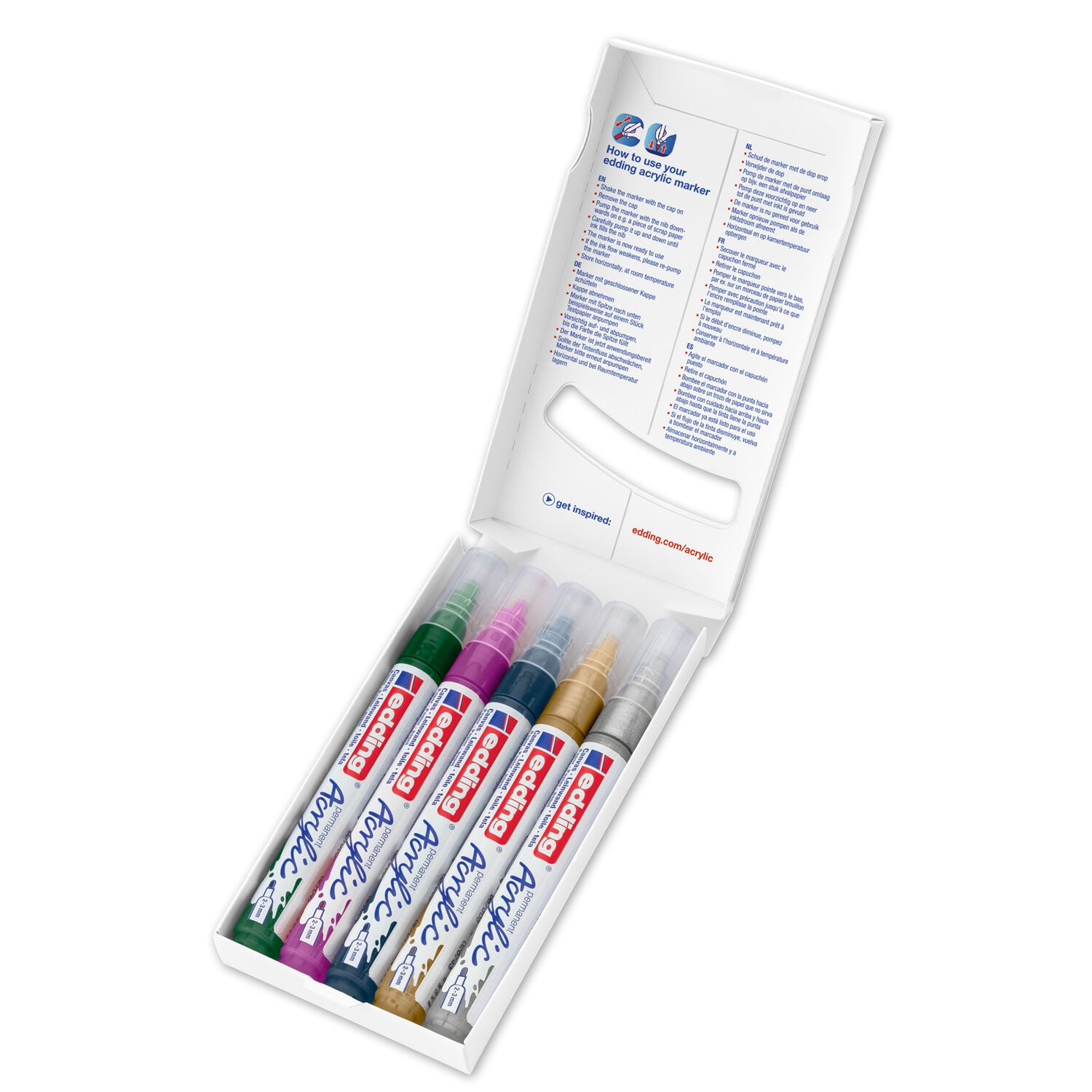 NEU Edding 5100 Acrylmarker-Acrylstifte-Set in den Farben gr�n, violett, blau, silber, gold, Rundspitze 2-3 mm, 5er-Set-Festlich Bild 2