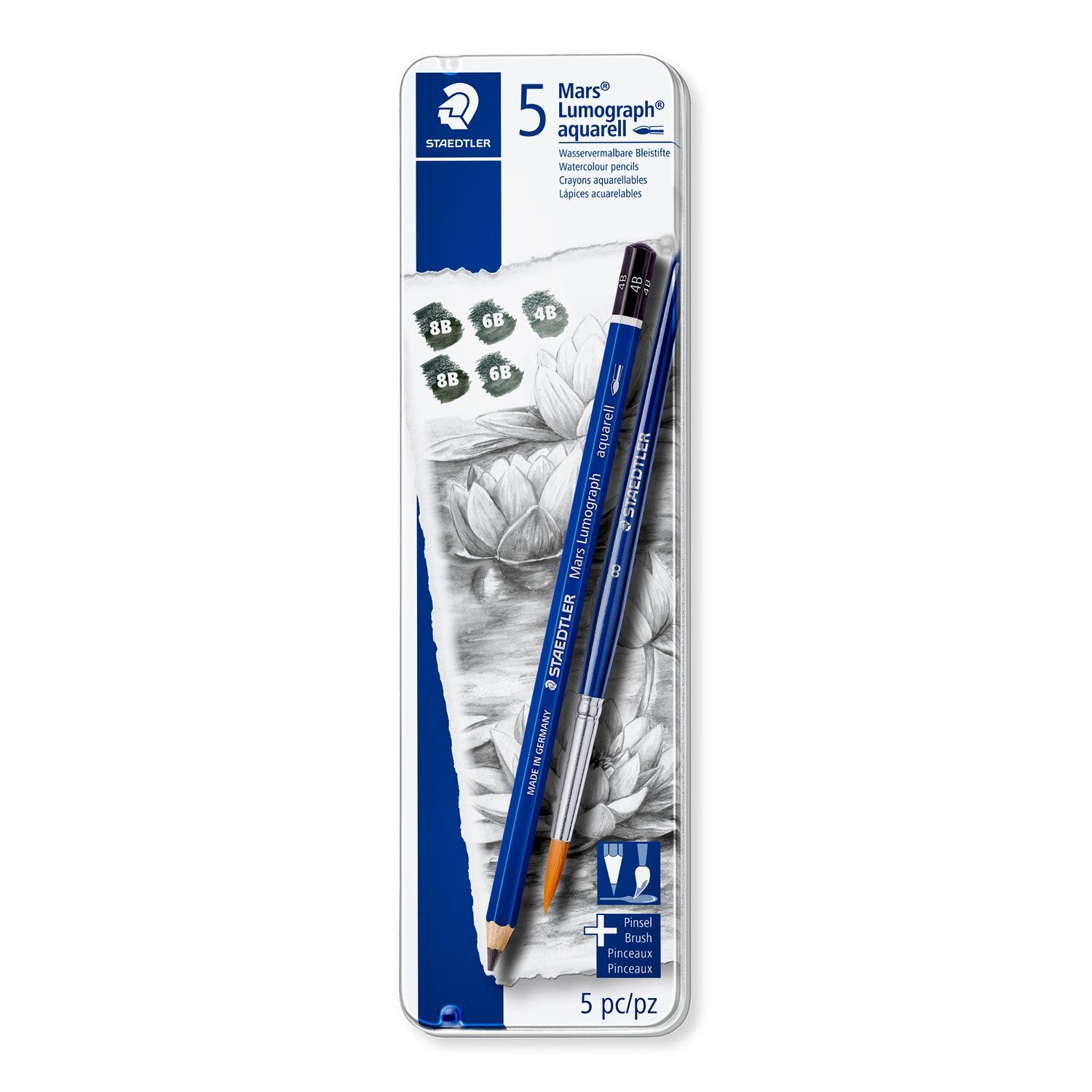Staedtler Zeichenbleistift-Set, Mars Lumograph Aquarell 100A, 5 H�rtegrade + Pinsel