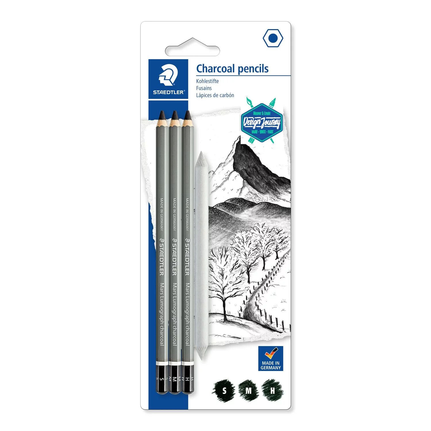 NEU Zeichenset mit 3 Kohlestiften Staedtler Mars Lumograph charcoal 100C in sortierten H�rtegraden inkl. Papierwischer