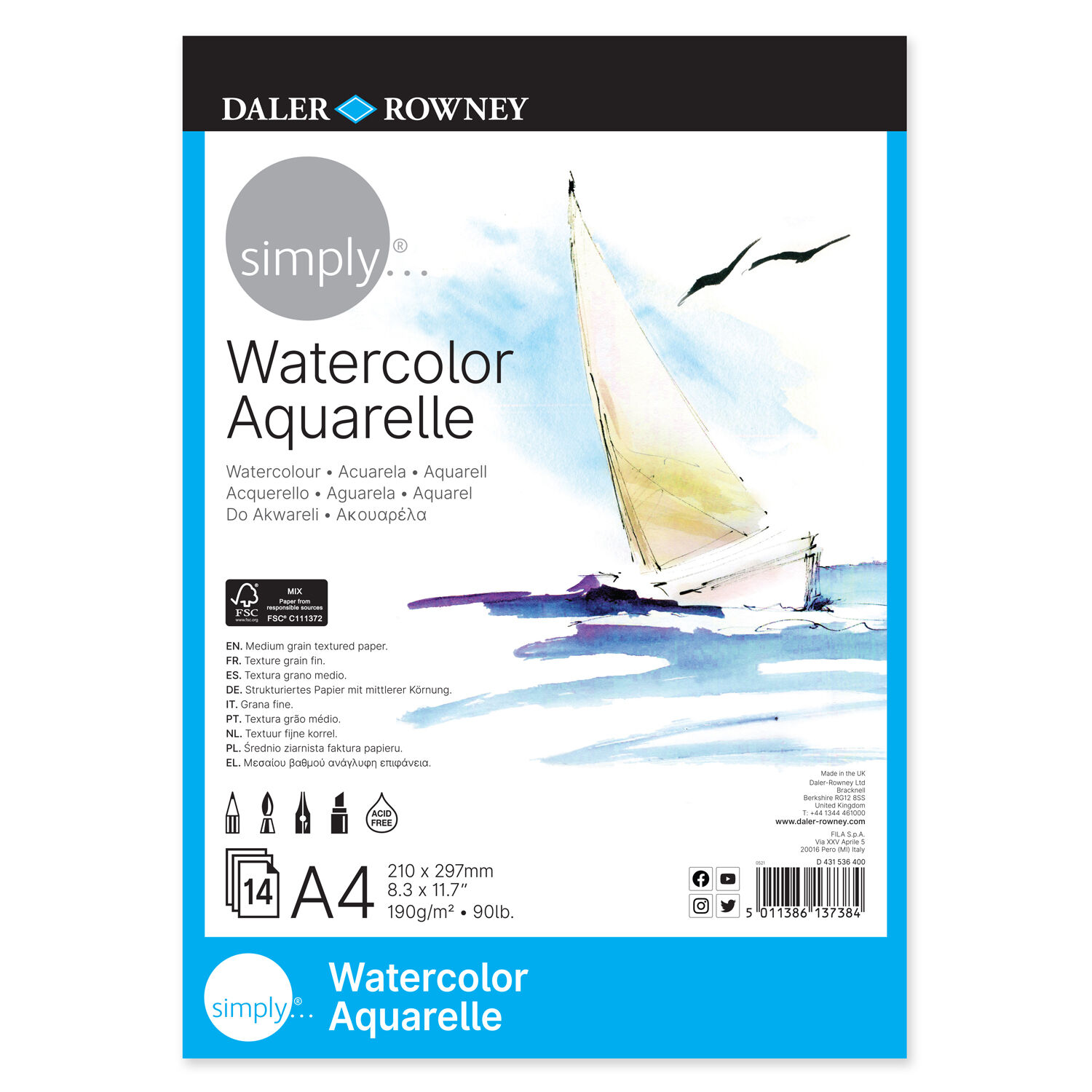 NEU Simply Aquarellpapierblock, einseitig geleimt, 14 Blatt � 190 g/m�, DIN A4