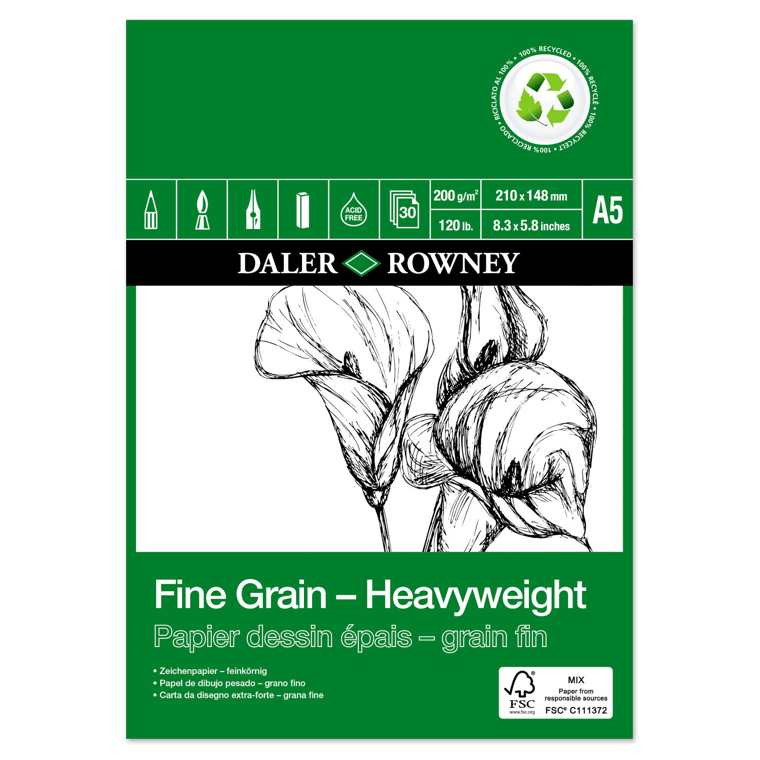 NEU Heavyweight Eco Zeichenblock, einseitig verleimt, Feinkorn, 30 Blatt � 200 g/m�, DIN A5