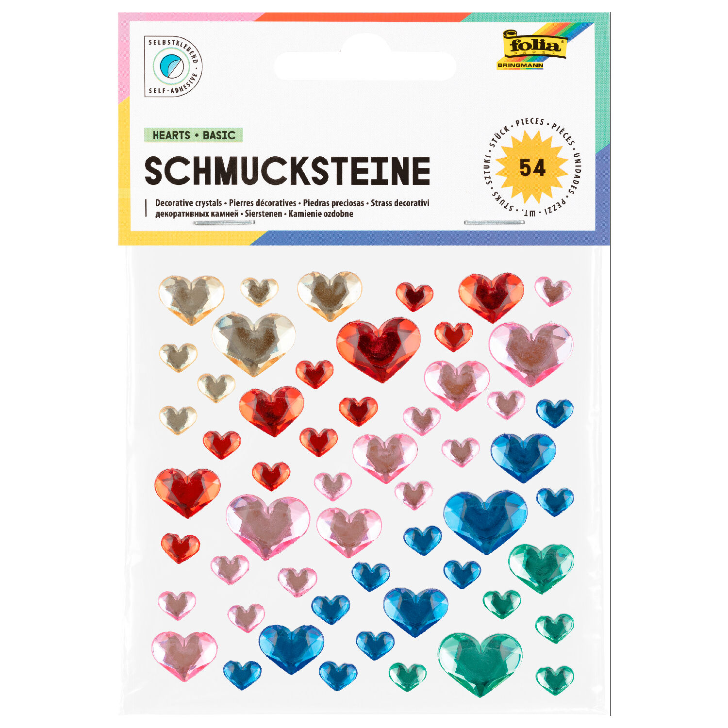 Sticker / Schmucksteine selbstklebend, Herzen Basic, 54 St�ck sortiert
