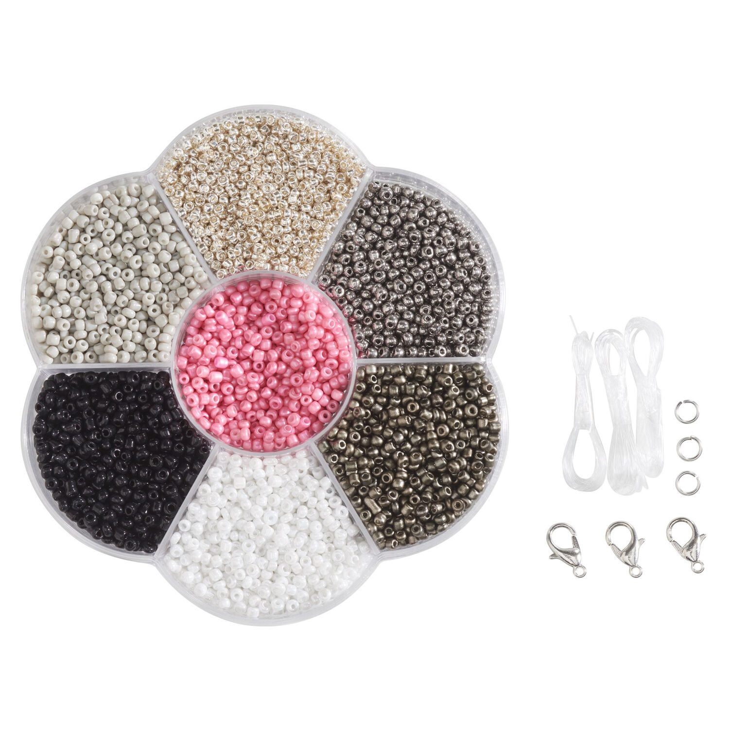 NEU Rocailles-Perlen-Set Silber, inkl. 90g Perlen, 3x1m Nylonfaden, 3 Verschl�sse Bild 2