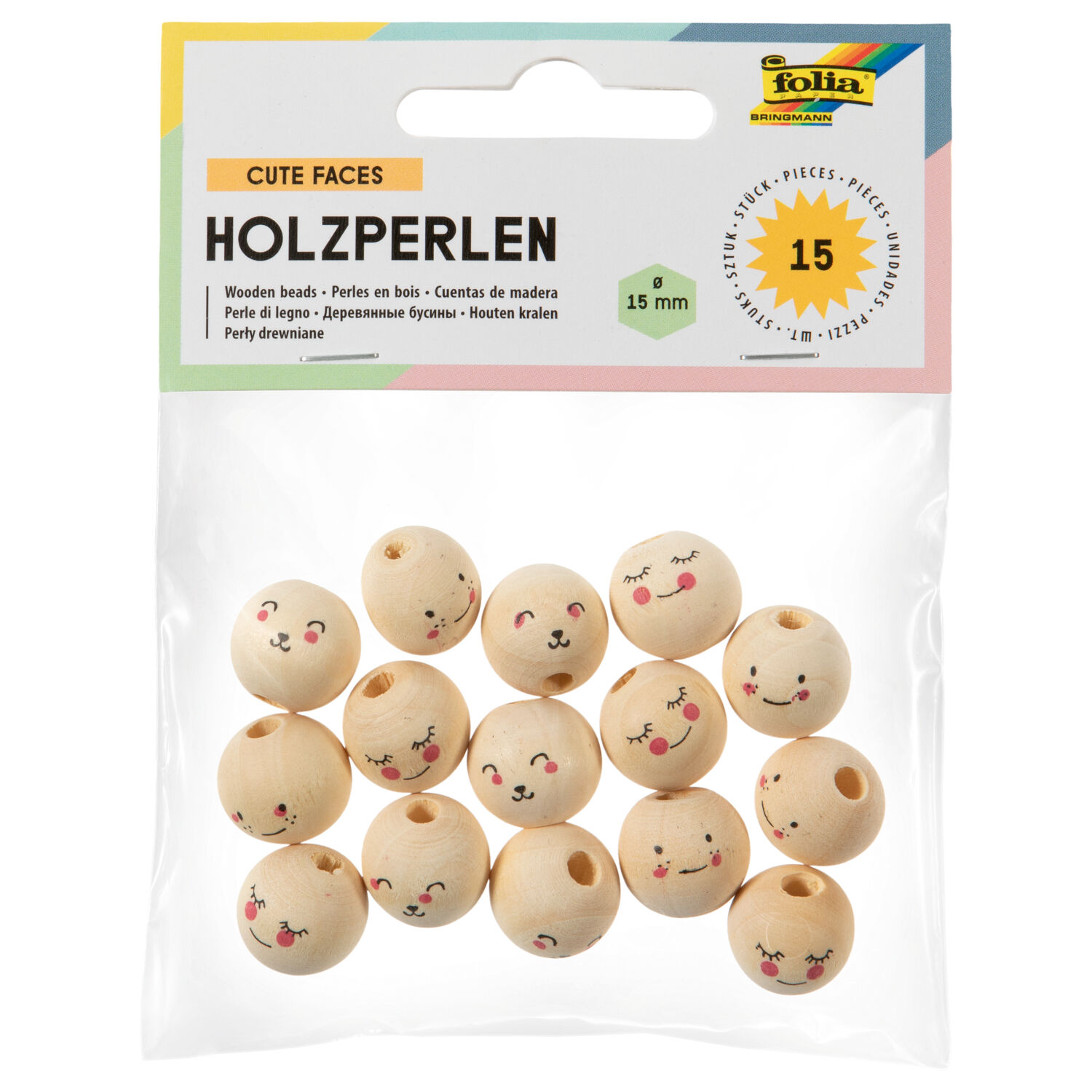 NEU Holzperlen mit Gesicht, 15 mm, 15 St�ck, 3 Motive