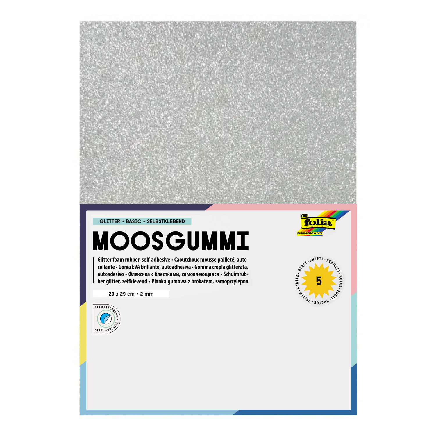 Glitter-Moosgummi / Schaumstoffplatten f�r vielf�ltige Bastelarbeiten, Silber, 20 x 29 cm, 5 Bogen