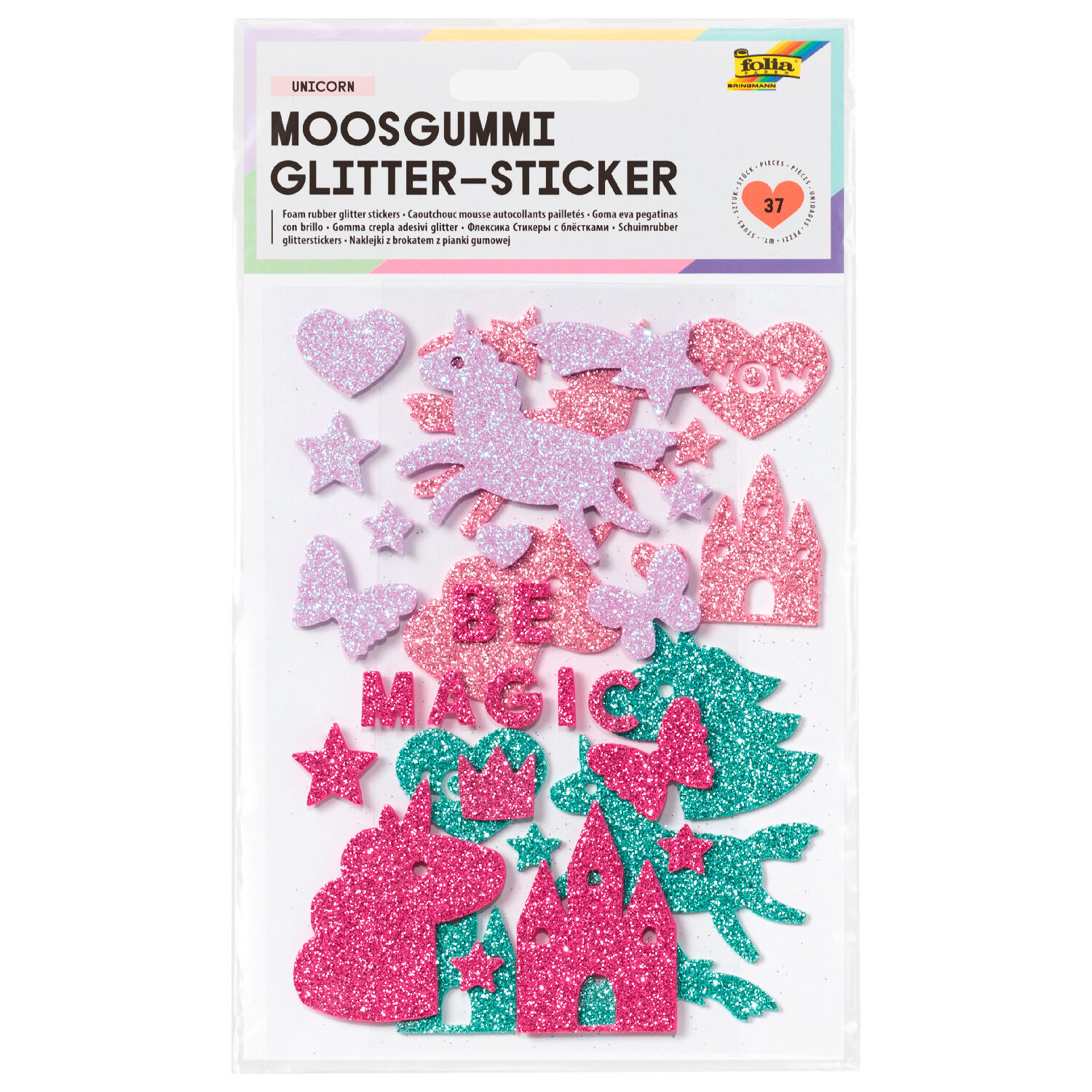 Moosgummi Glitter-Sticker Einhorn, 37 St�ck sortiert