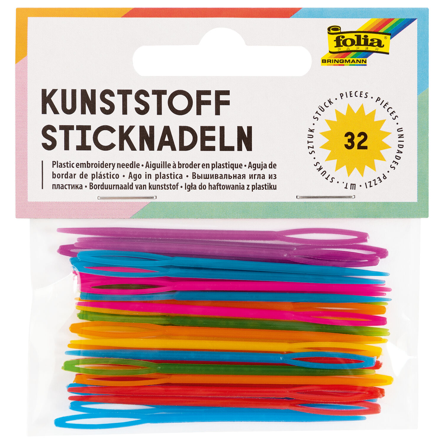 NEU Sticknadeln aus Kunststoff, 32 St�ck, farbig sortiert, 6,5 cm x 1,8 mm