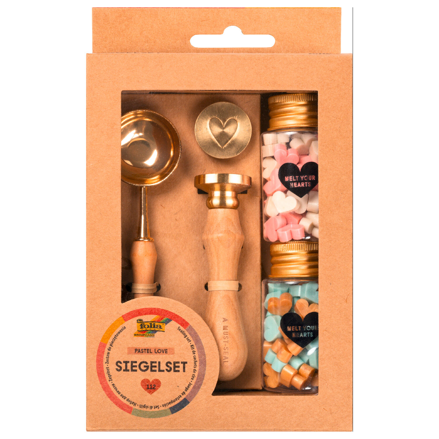 Siegel-Set Pastell Love, Holzgriff mit 2 Siegelmotiven, Schmelzl�ffel, 2x 54 Siegelwachs-Perlen farbig sortiert