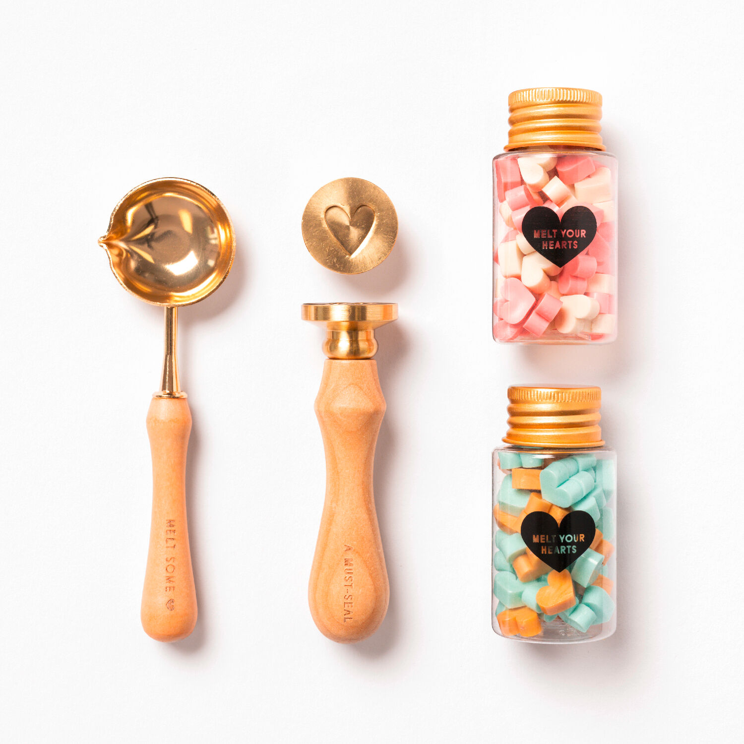 Siegel-Set Pastell Love, Holzgriff mit 2 Siegelmotiven, Schmelzl�ffel, 2x 54 Siegelwachs-Perlen farbig sortiert Bild 2