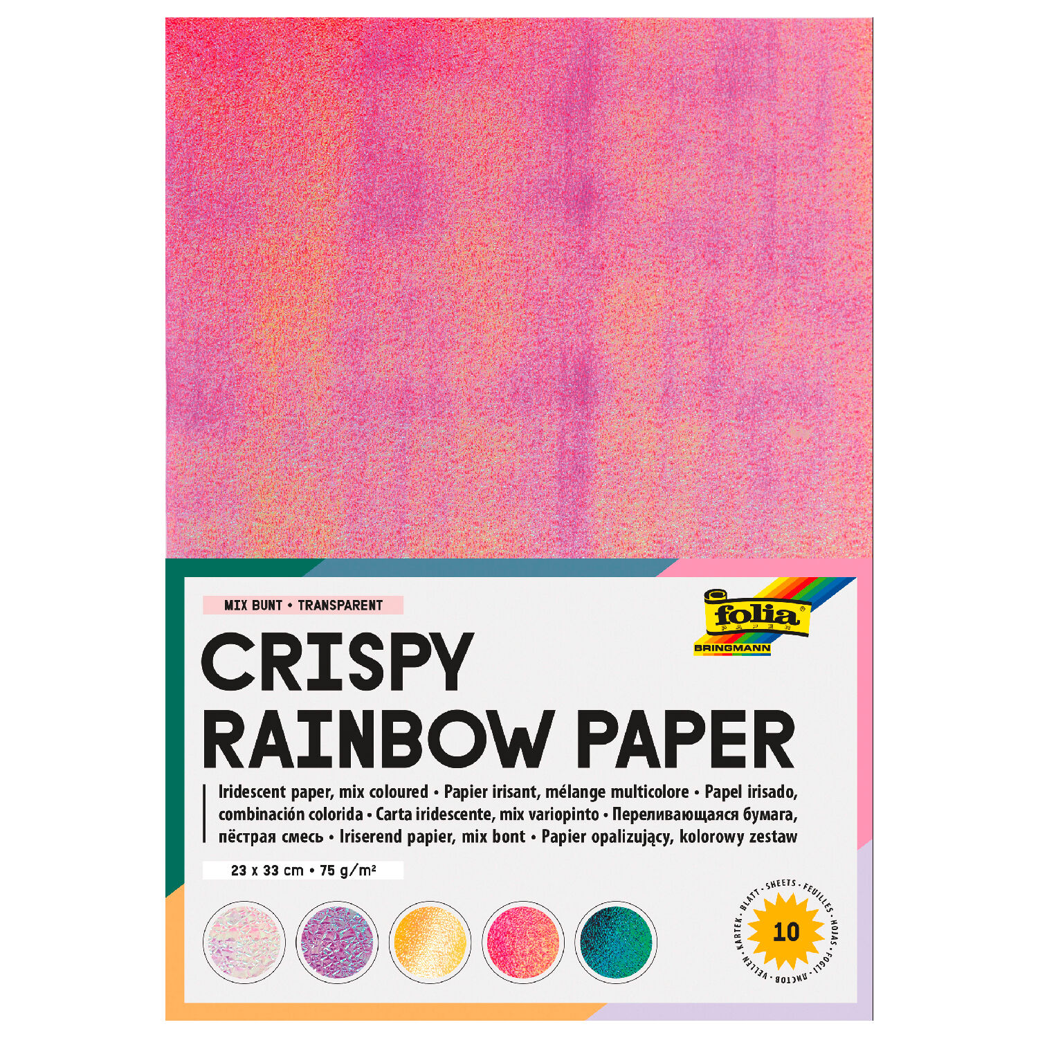 Crispy Regenbogen Papier, Irisierend, 75g/m�, 23x33cm, 10 Blatt in sortierten Farben/Pr�gungen