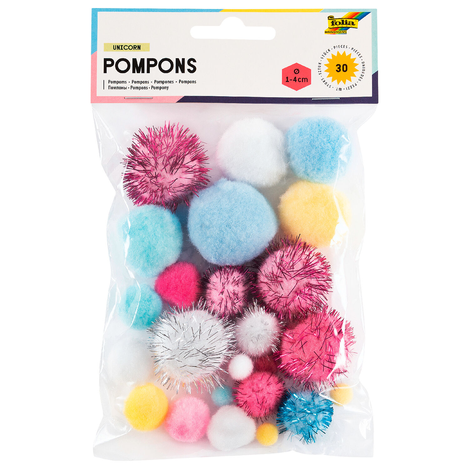 Pompons Einhorn, 30 St�ck, 1-4cm, sortierte Farben